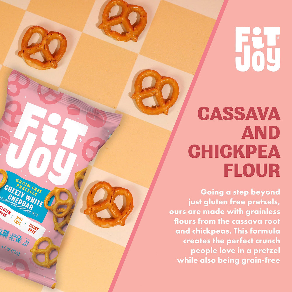 FitJoy White Cheddar Pretzels close-up of crispy twists.