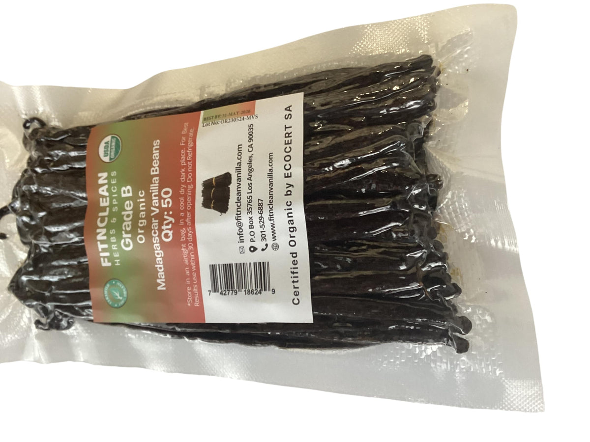 FITNCLEAN Madagascar vanilla beans grade B, 50-count pack for homemade vanilla extract.