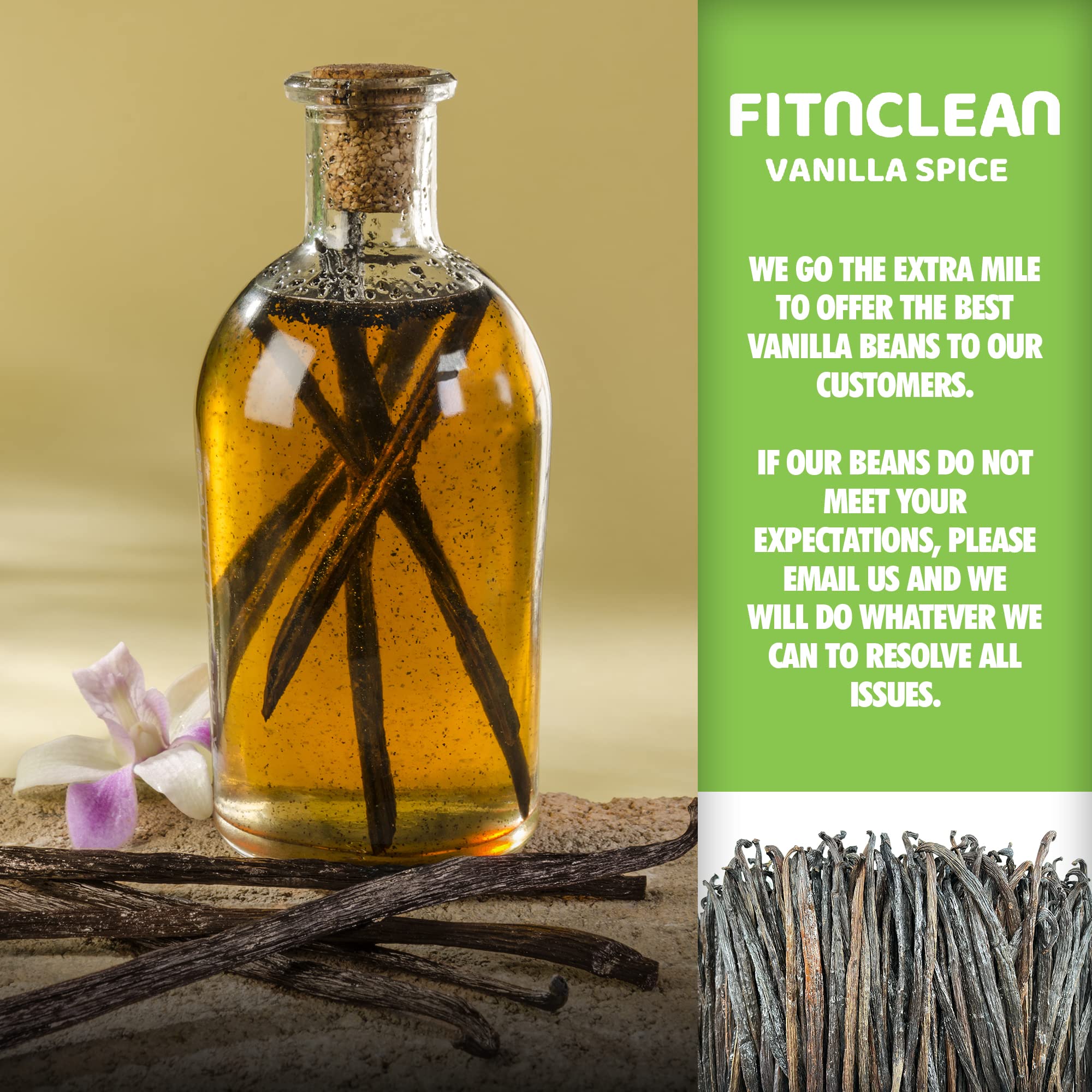 Close-up of bourbon-conditioned vanilla pods from FITNCLEAN for aromatic extract