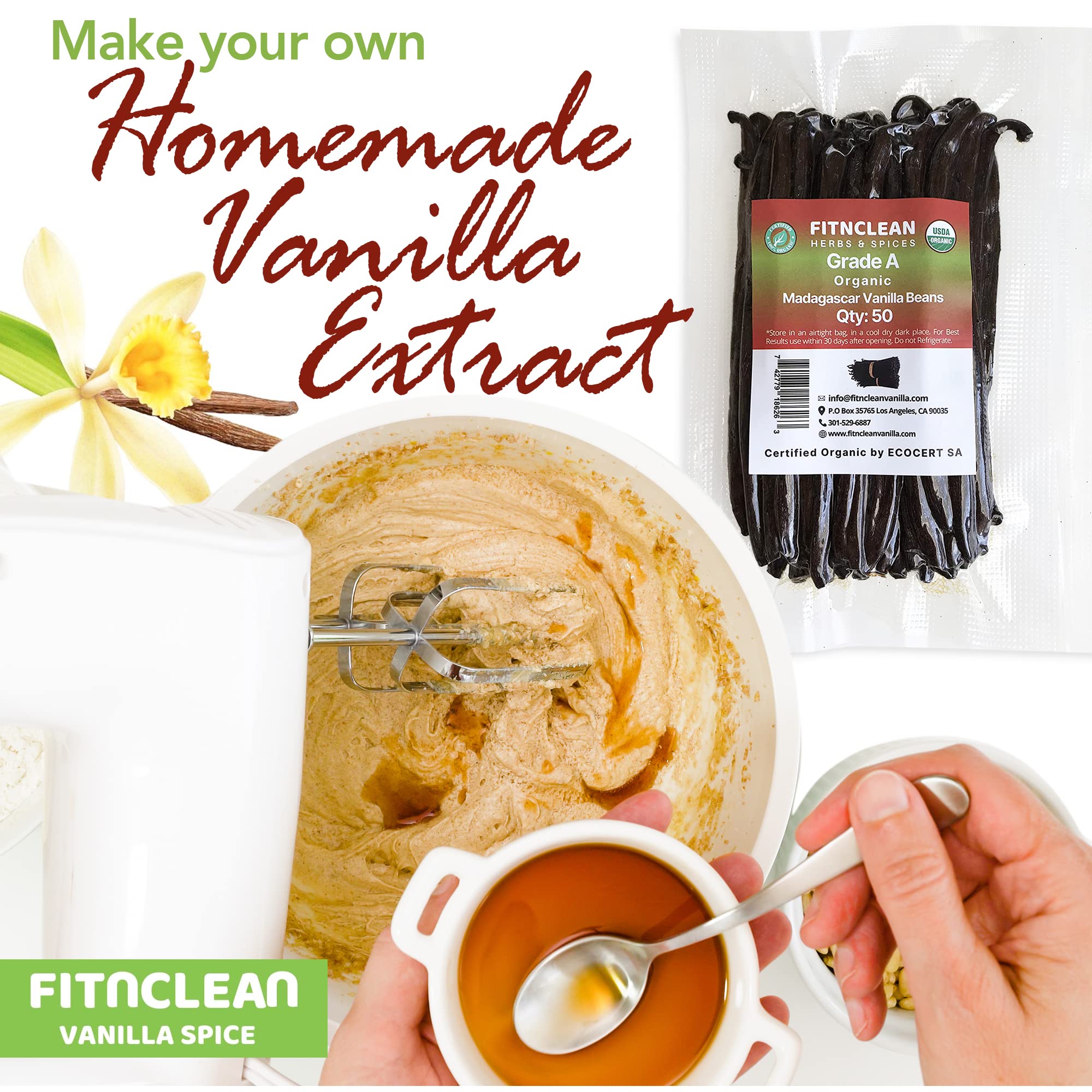 Extract-ready FITNCLEAN vanilla pods beside a bottle for easy infusion.