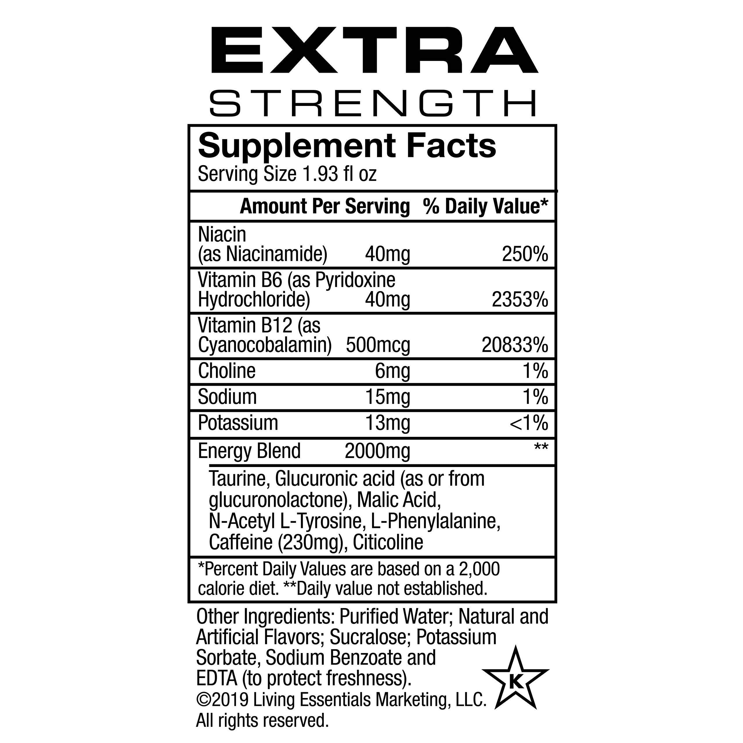 Close-up of the 5-hour ENERGY Cherry label highlighting zero sugar and low calories