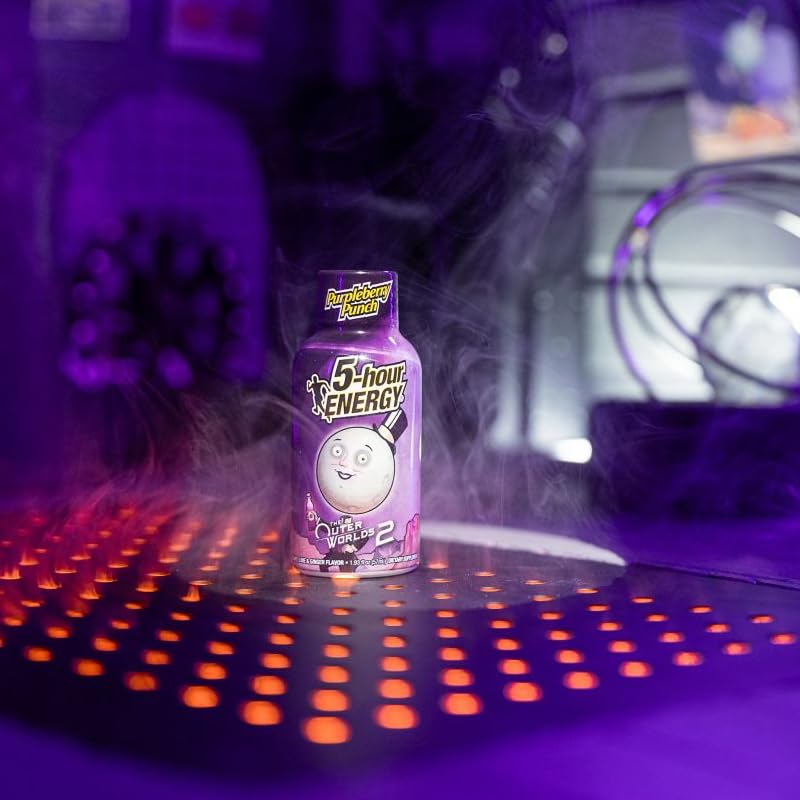 Five-hour Energy Outer Worlds Purpleberry Punch being poured into a glass for immediate alertness.