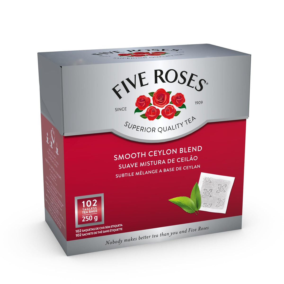 Five Roses Ceylon tea bag closeup highlights premium leaves for a smooth brew.