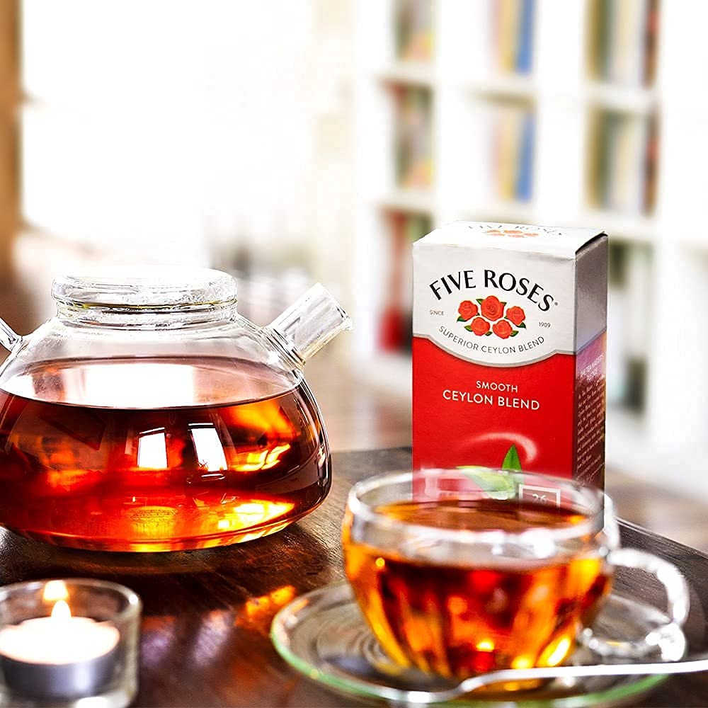 Five Roses Ceylon tea packaging on shelf signals trusted South African brand.