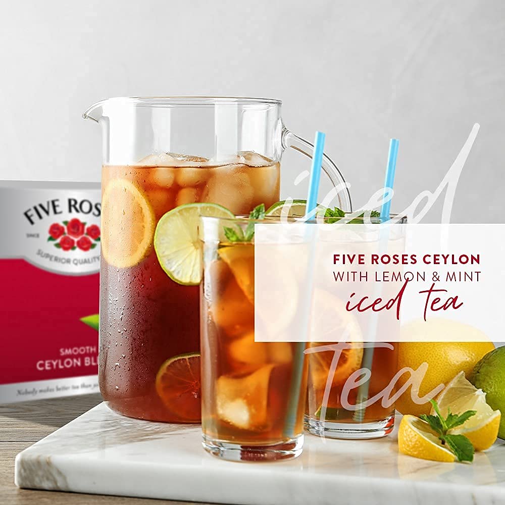 Five Roses Ceylon tea on sunlit table conveys inviting warm cup experience.