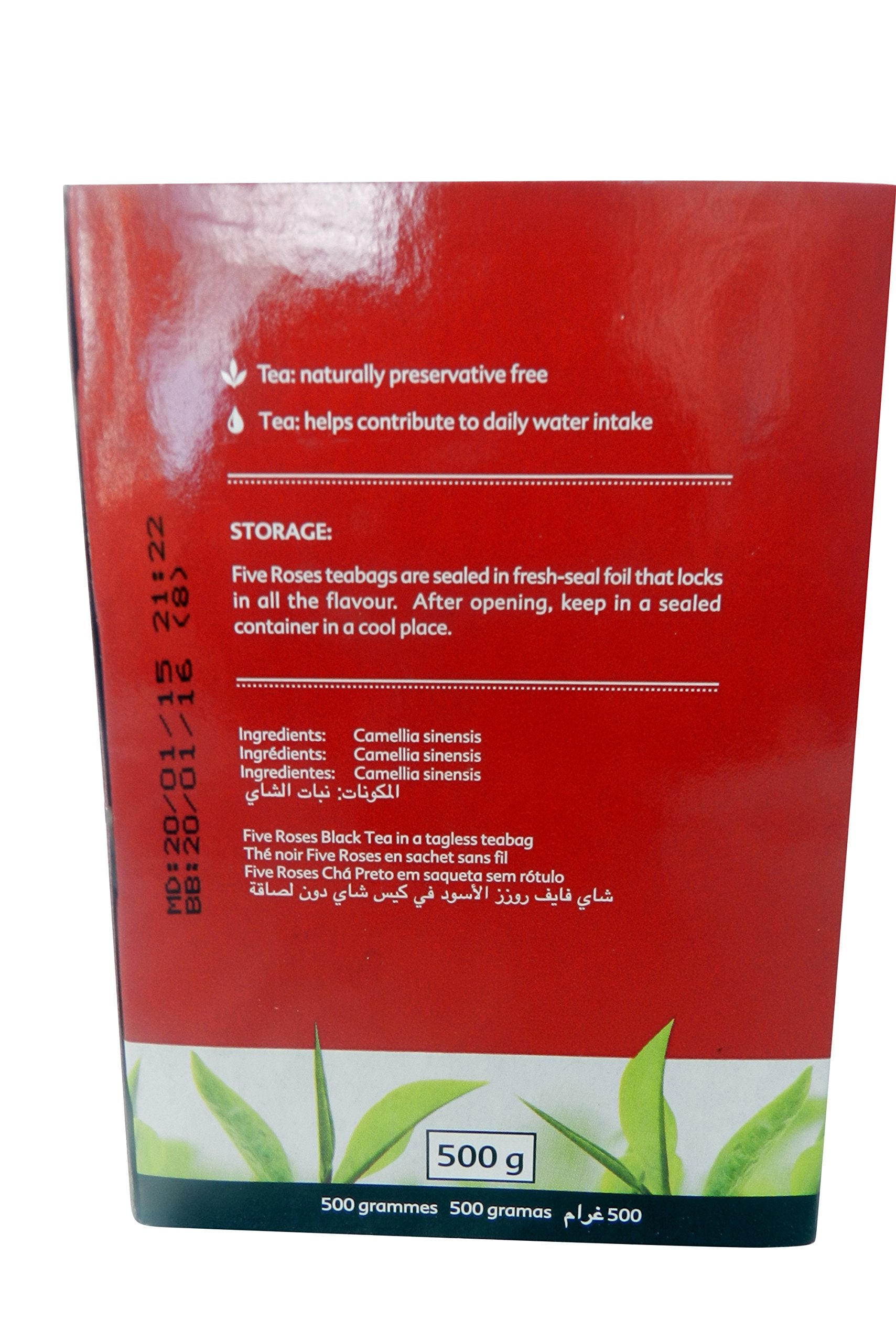 Box of Five Roses Tea tagless teabags displayed on kitchen counter