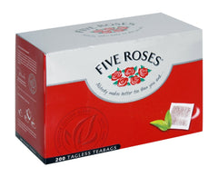 Five Roses Tea tagless teabags packaging showing date format for freshness planning