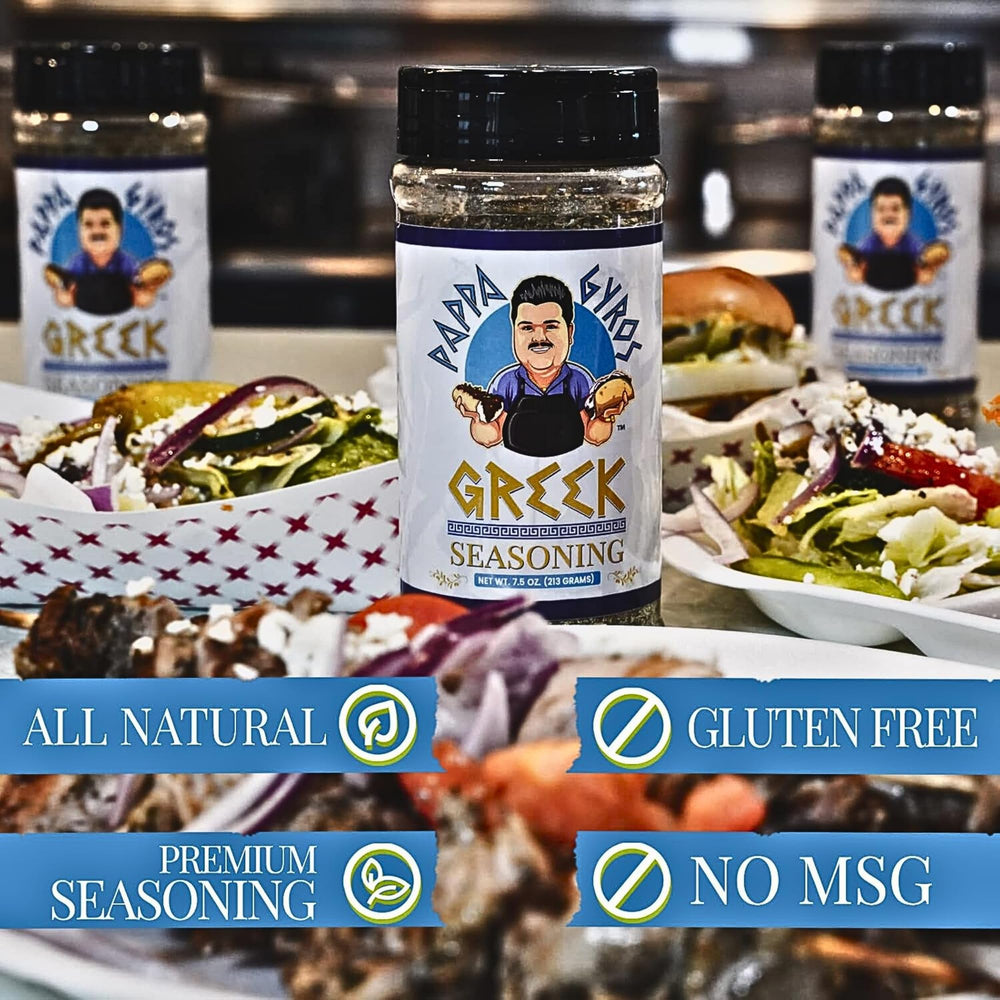 Grill-ready Pappa Gyros on a platter with lamb or souvlaki.