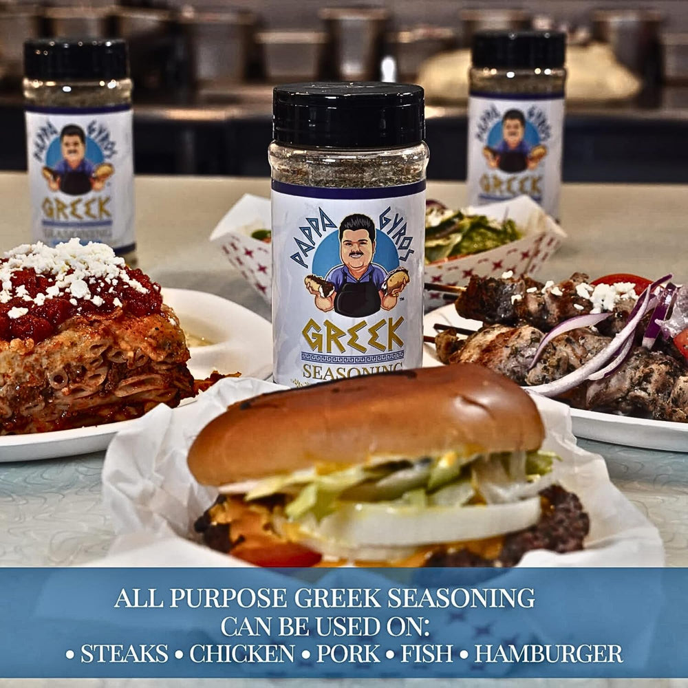 Spice rack display featuring Five Star Seasonings Pappa Gyros.