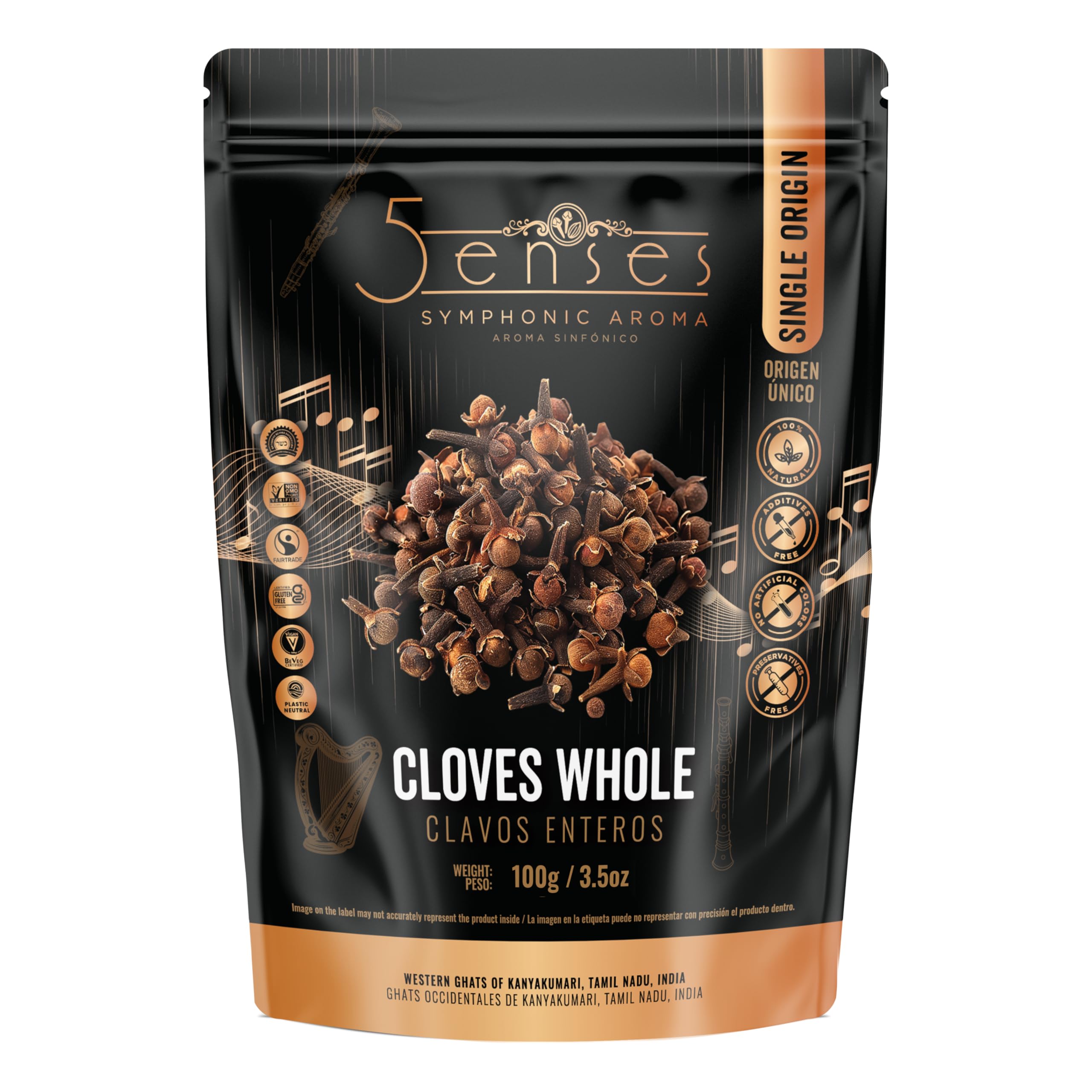 5Senses Whole Cloves packaging highlighting single-origin quality and sustainability.