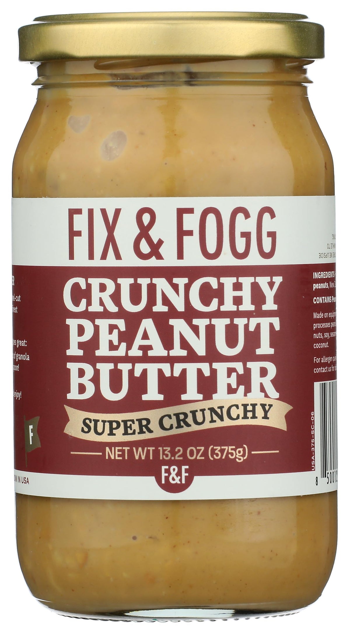 Fix and Fogg Crunchy Peanut Butter jar close-up showing rich texture.