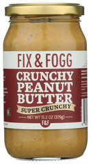 Fix and Fogg Crunchy Peanut Butter jar close-up showing rich texture.