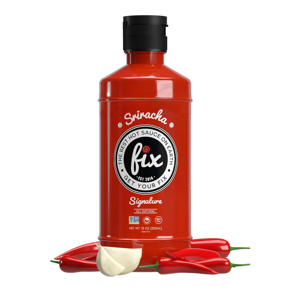 Fix Hot Sauce Sriracha bottle showing vibrant red peppers for bold flavor.
