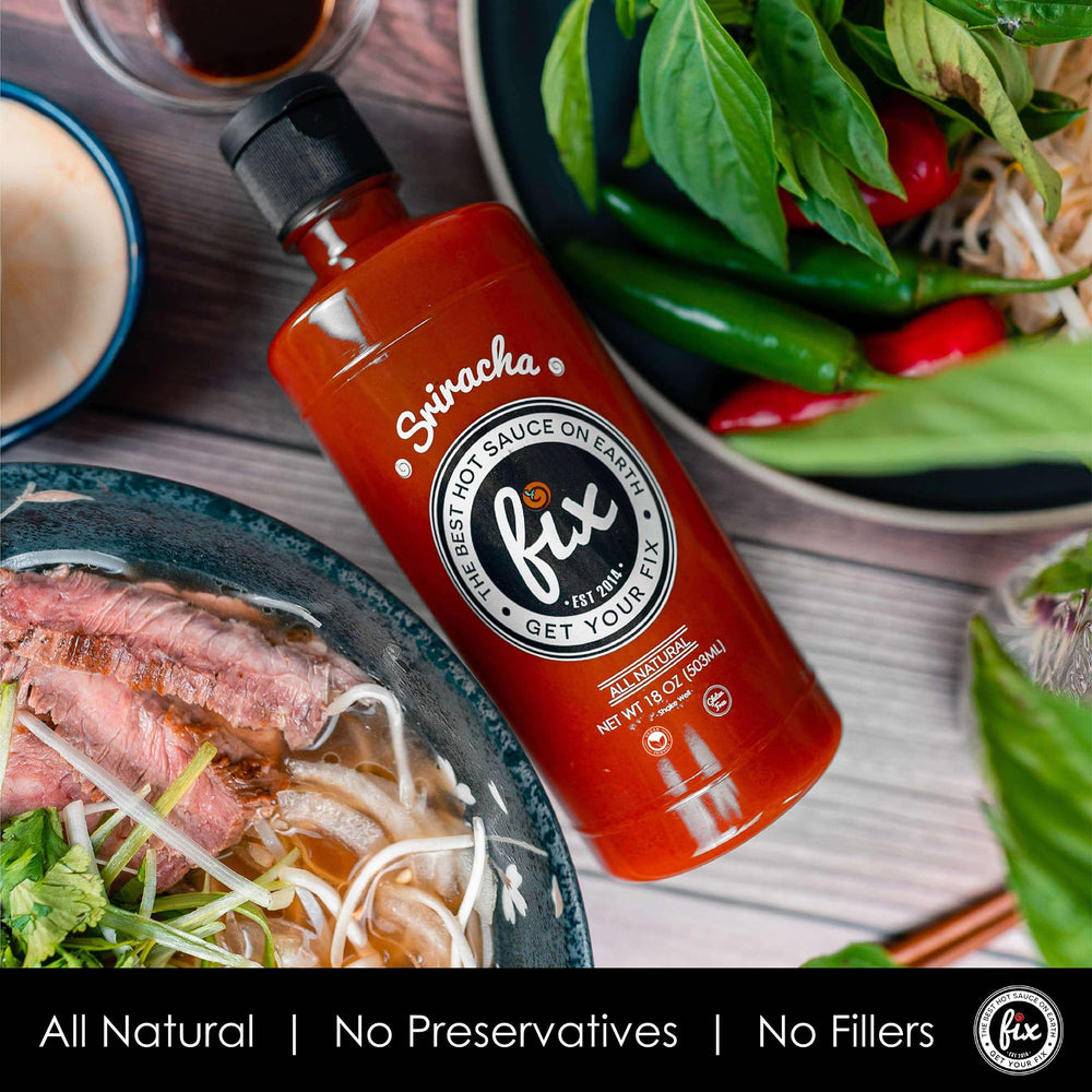 Fix Hot Sauce Sriracha ingredients list featuring five organic components.