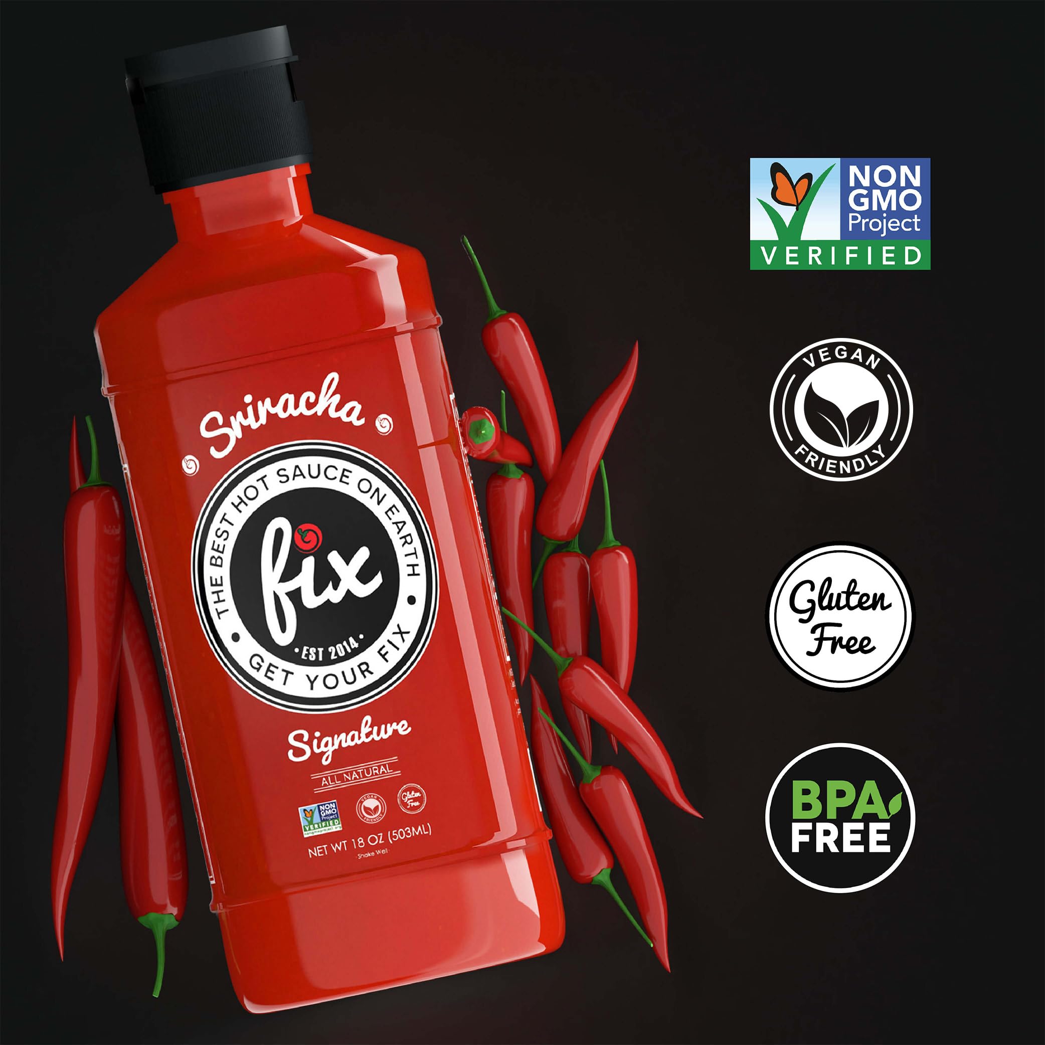 Closeup of Fix Hot Sauce Sriracha jar emphasizing garlic and organic ingredients.