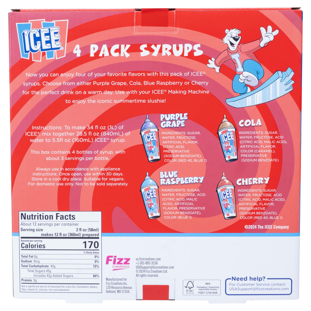 Fizz Creations ICEE blue raspberry syrup bottle for vibrant slushies and frozen treats.