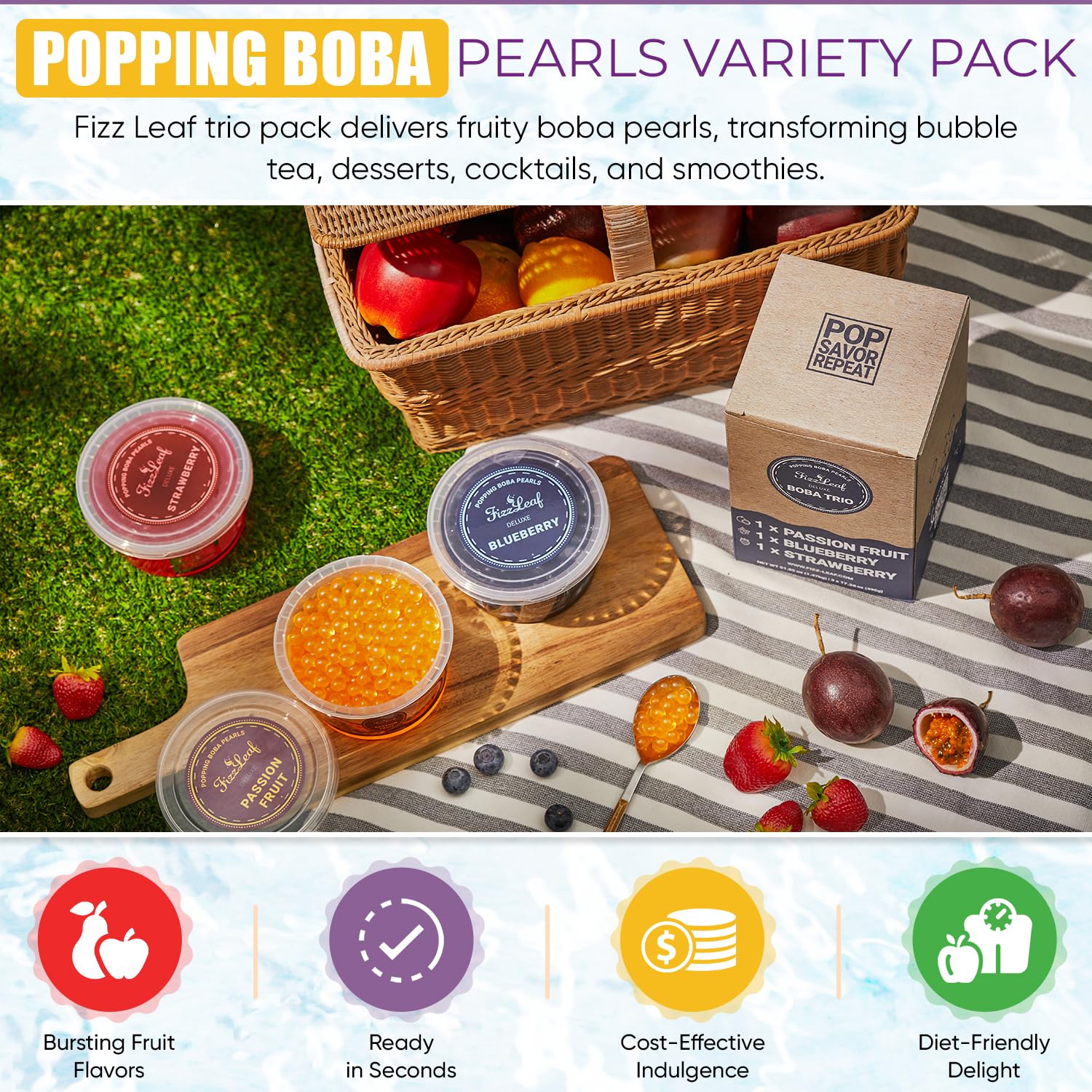 FIZZLEAF popping boba blueberries: refreshing fruit flavor for tea and desserts.