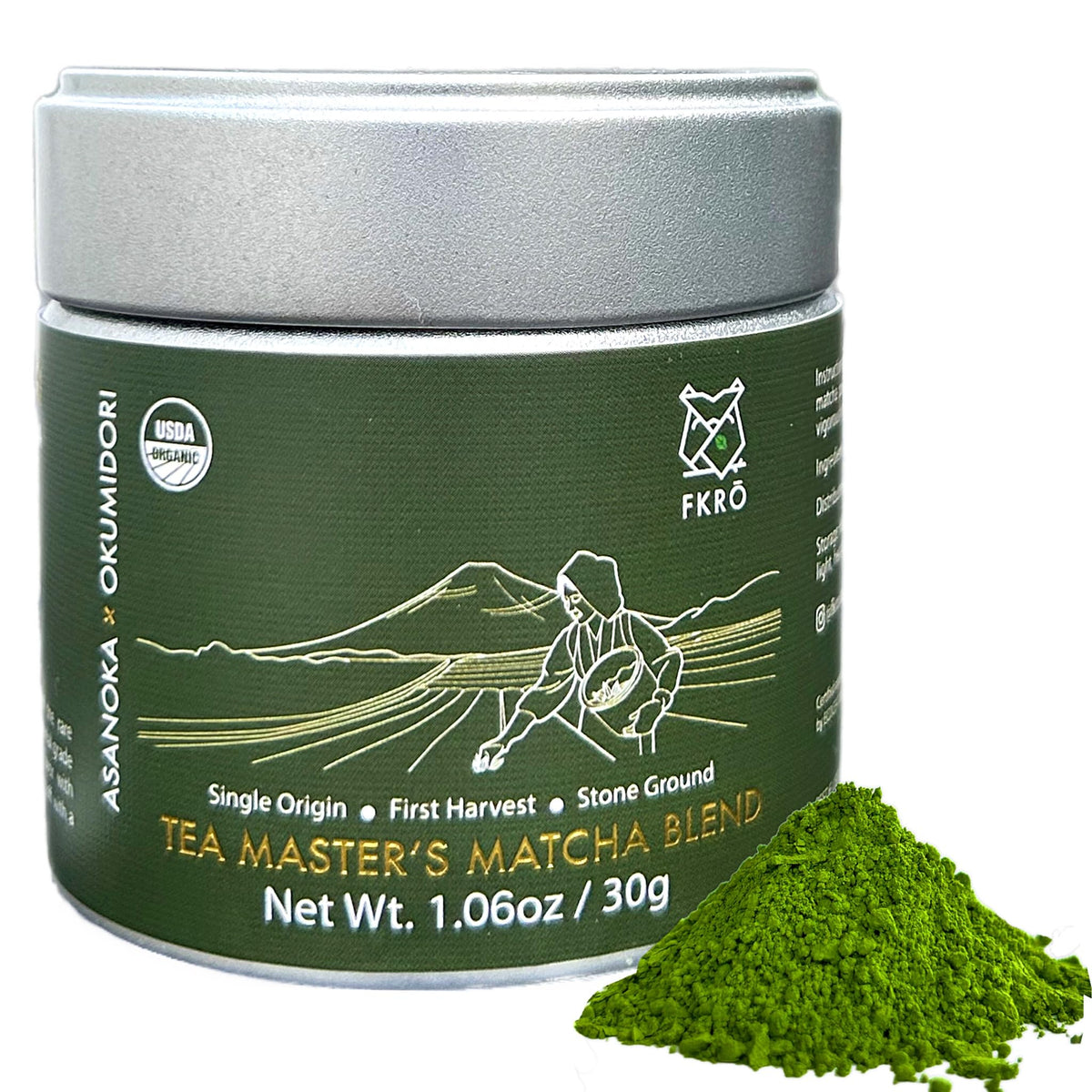 FKRO ceremonial-grade matcha tin front for ritual preparation and fresh taste