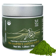 FKRO ceremonial-grade matcha tin front for ritual preparation and fresh taste