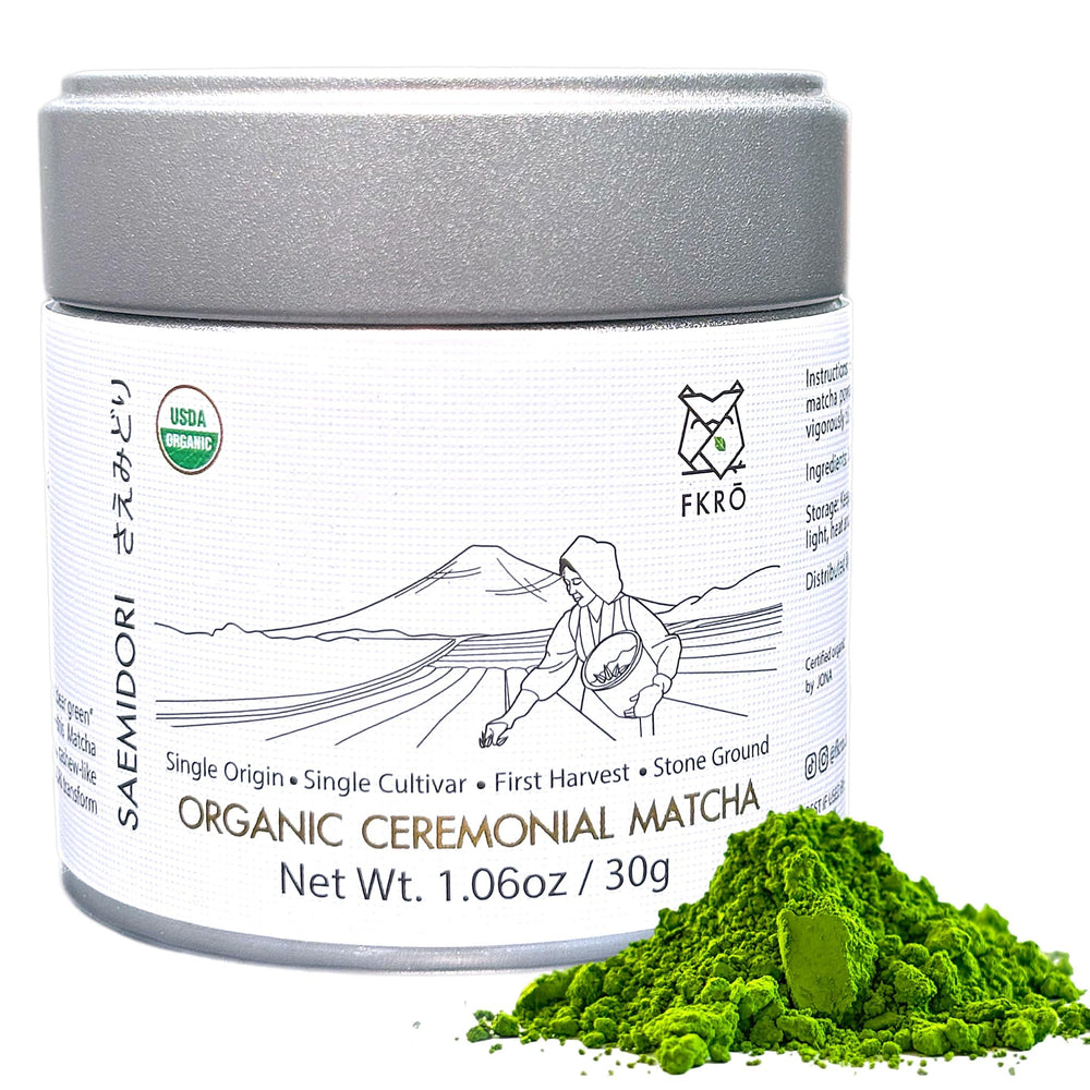 FKRO ceremonial grade matcha powder in tin with vibrant color for ceremonial whisking