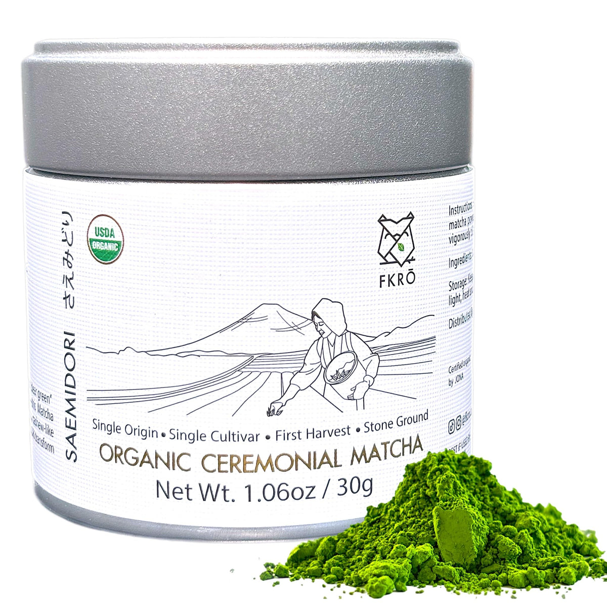 FKRO ceremonial grade matcha powder in tin with vibrant color for ceremonial whisking