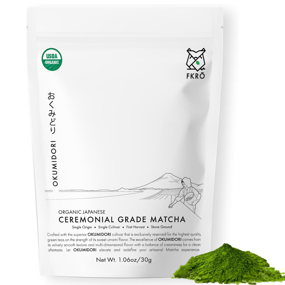 FKRO Organic Ceremonial Matcha Okumidori pouch front for premium ceremonial use.