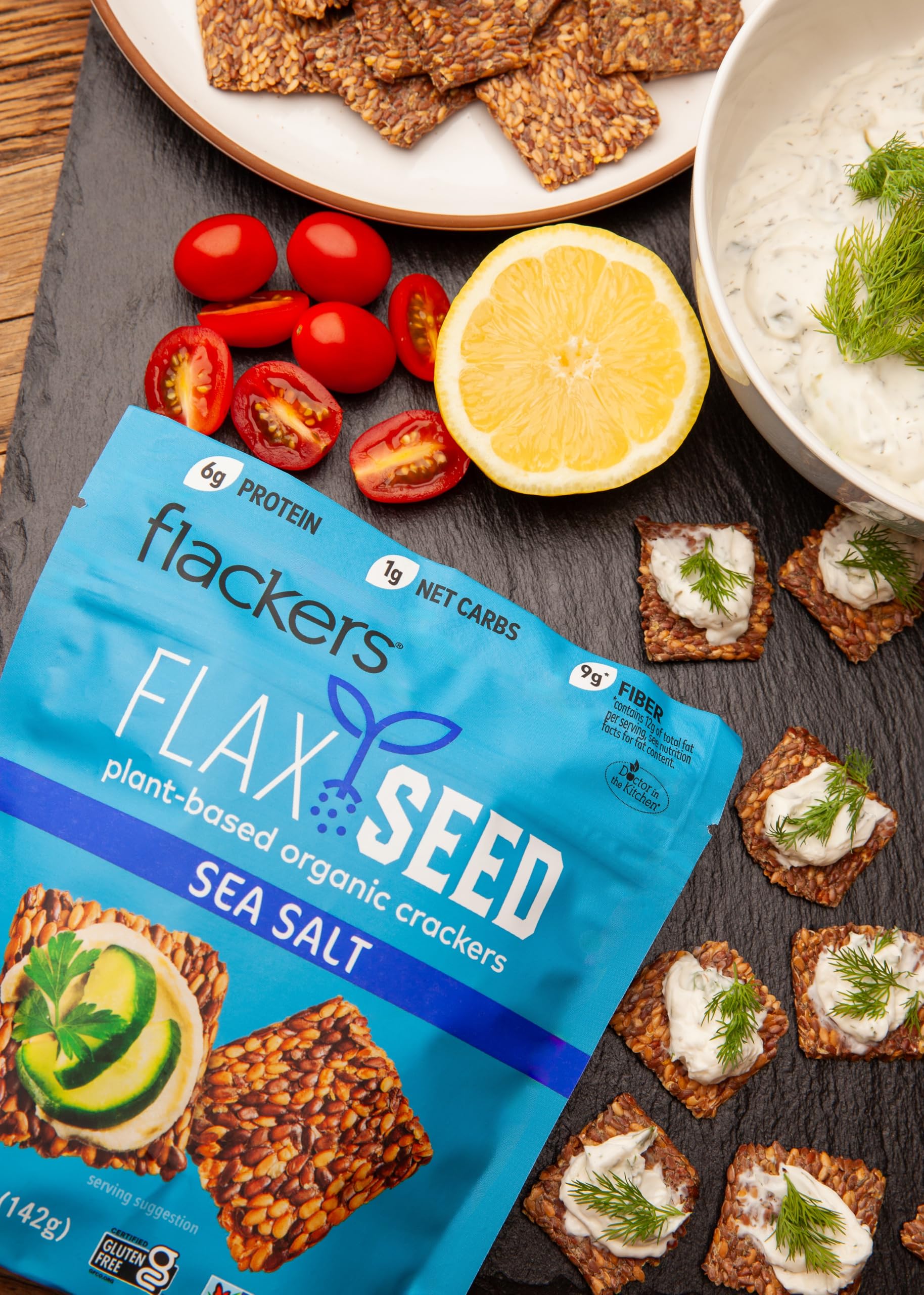 Flackers 1g net carb badge suggests a low-carb option for snacks.