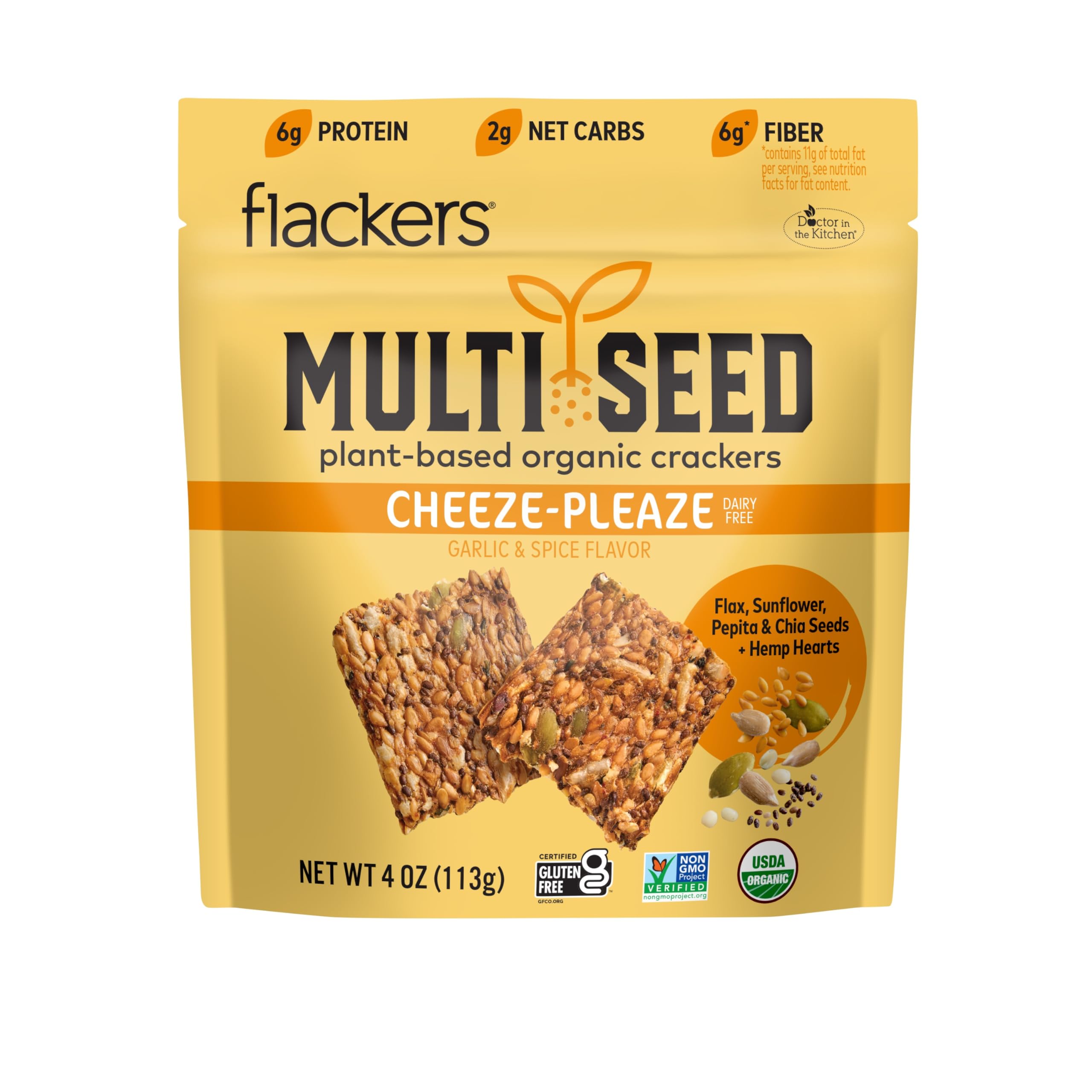 Flackers Cheeze-Pleaze crackers pack on counter showing organic multi-seed texture, ideal for keto snacking.