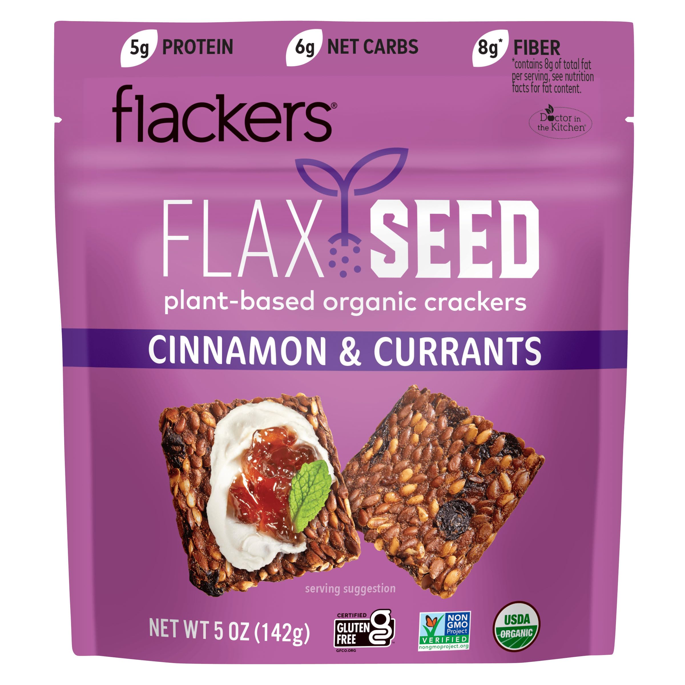 Flackers Cinnamon & Currants cracker pack shot, ready for hummus pairing.