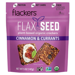 Flackers Cinnamon & Currants cracker pack shot, ready for hummus pairing.