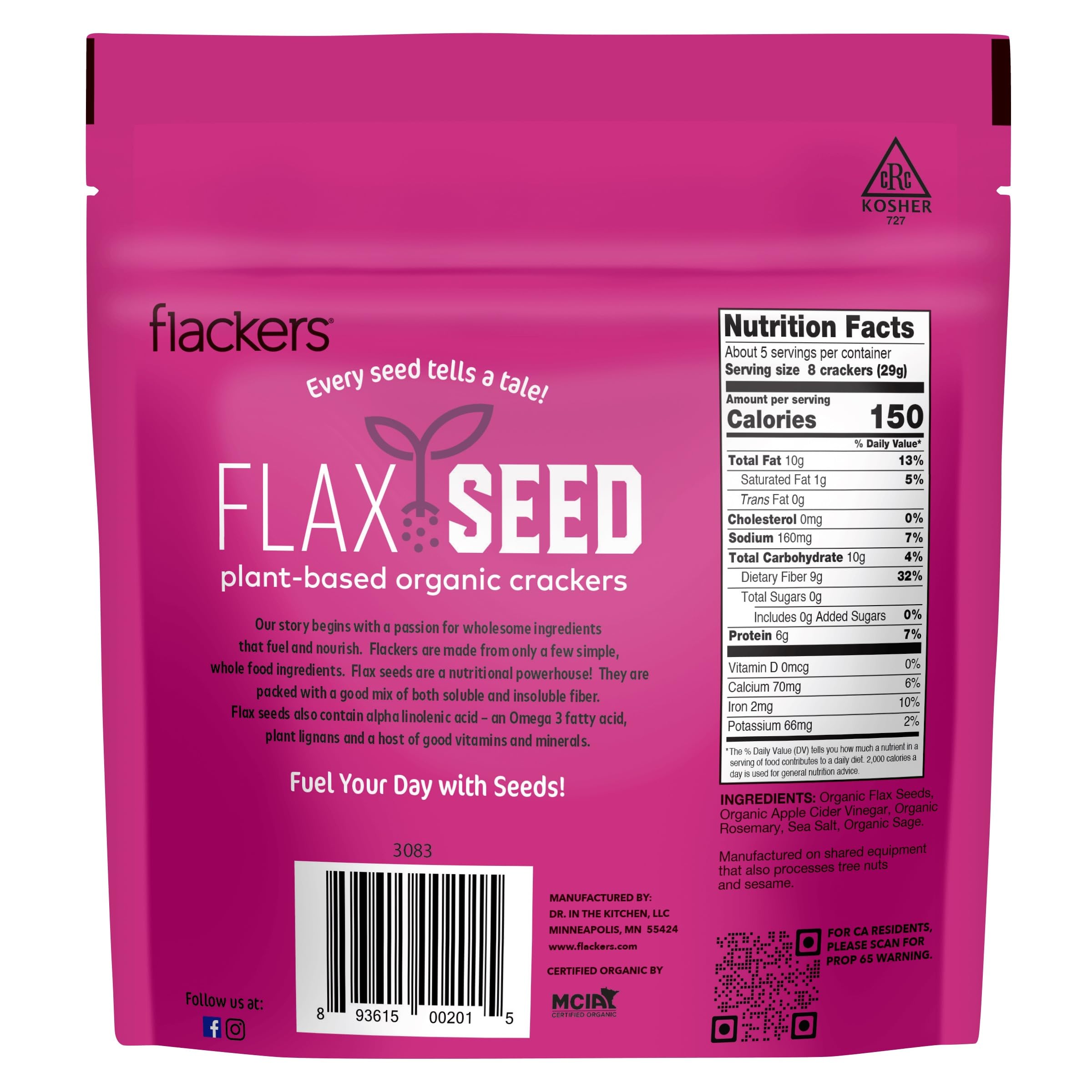 Flackers flaxseed-rich close-up, high-fiber plant-based crackers.