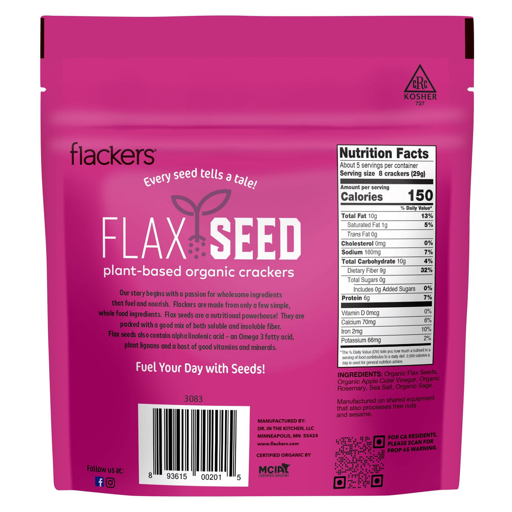 Flackers flaxseed-rich close-up, high-fiber plant-based crackers.