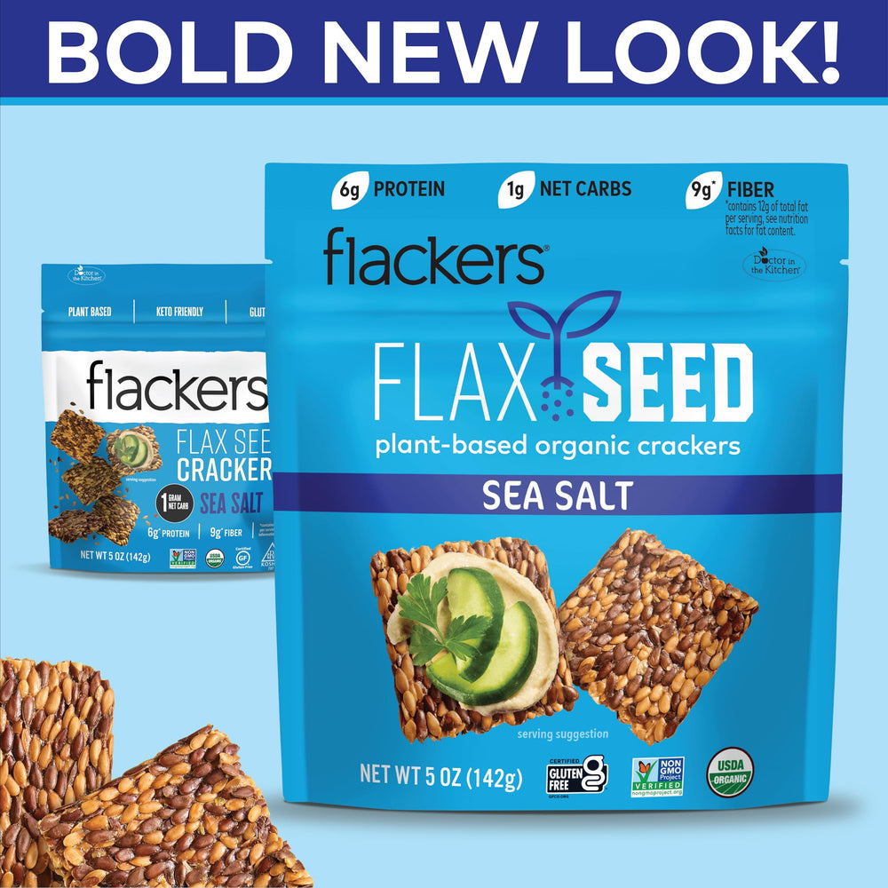 Flackers gluten-free label communicates plant-based ingredients.