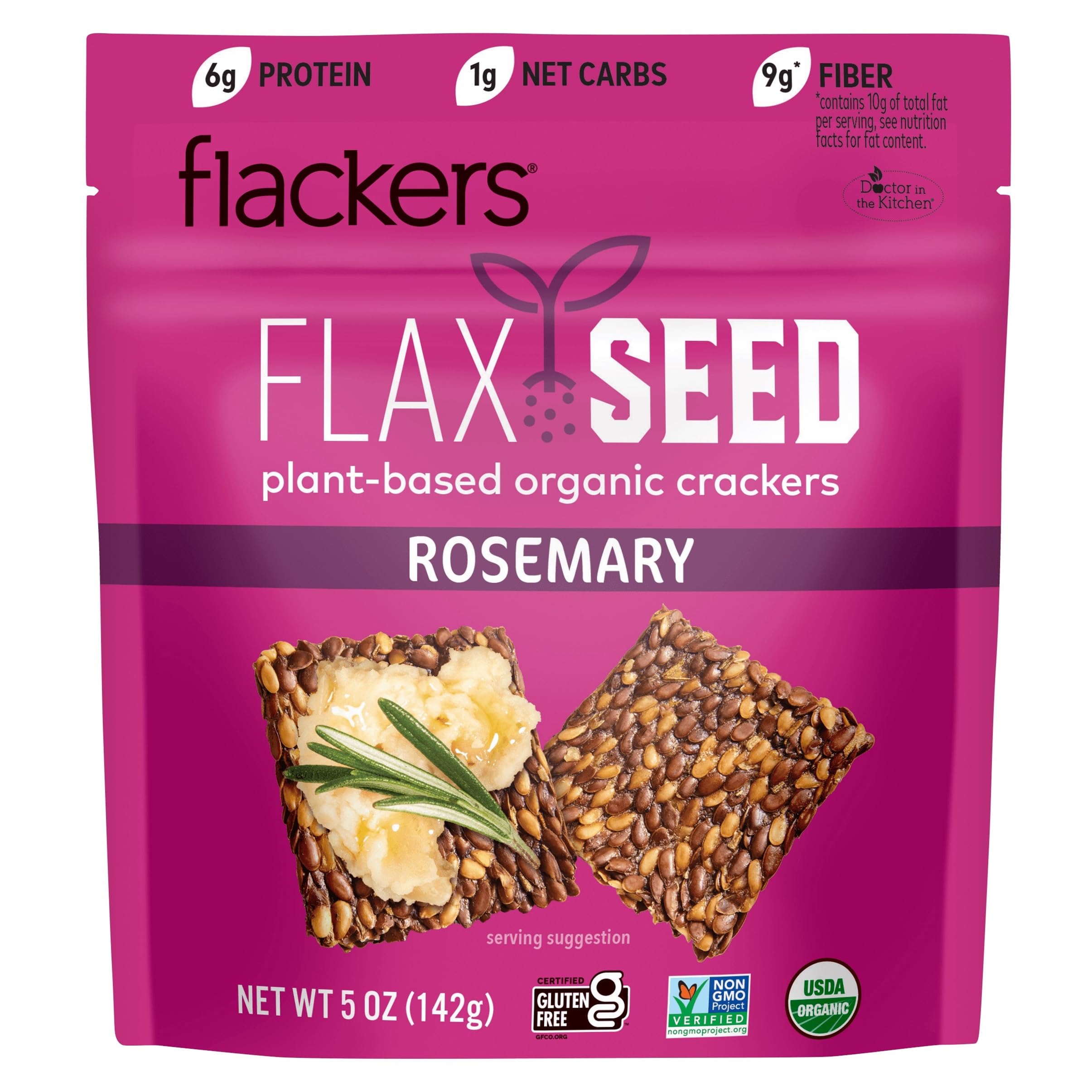 Flackers Organic Rosemary Flaxseed Crackers in pack, gluten-free and high in fiber