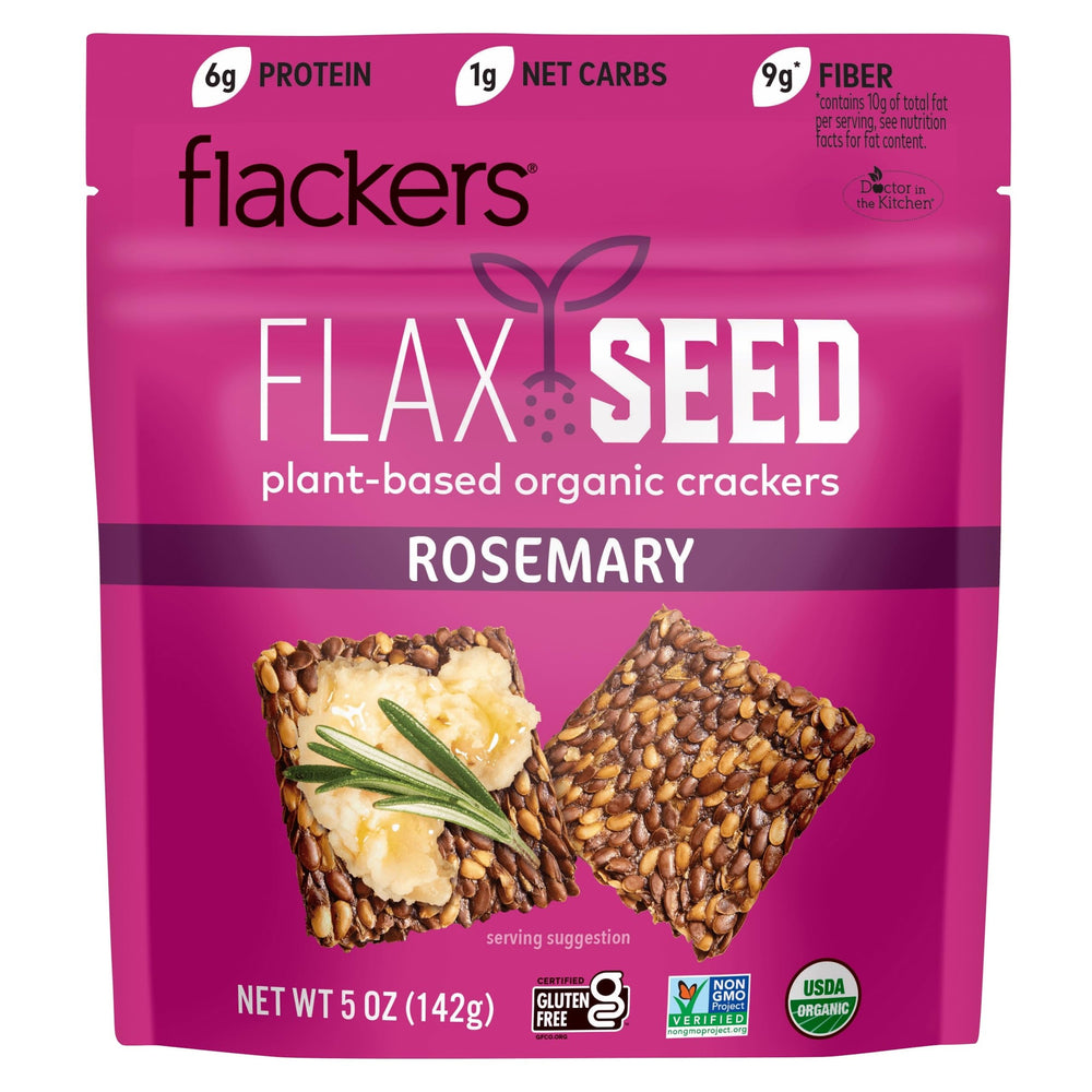 Flackers Organic Rosemary Flaxseed Crackers in pack, gluten-free and high in fiber