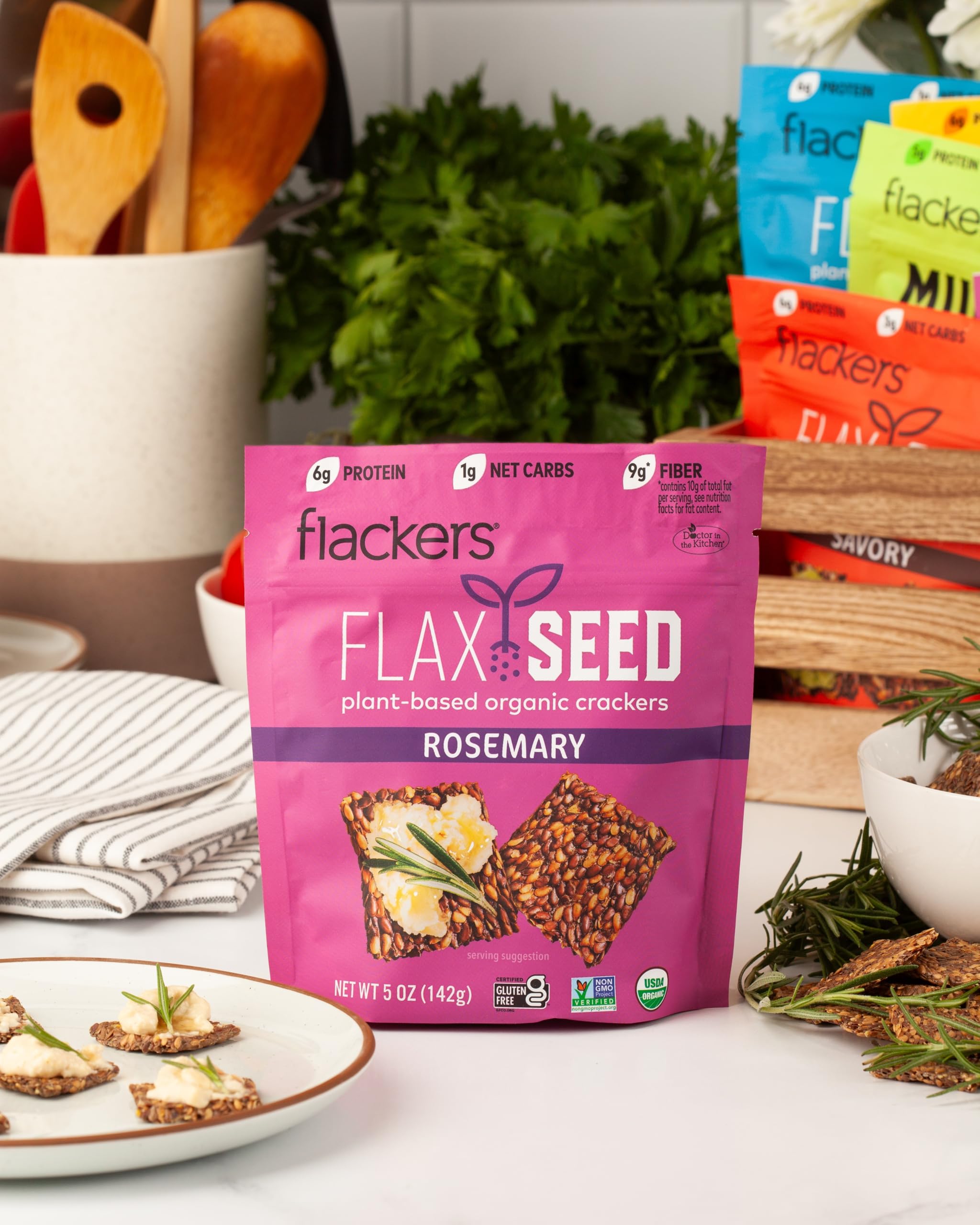 Close-up of Flackers texture with rosemary and sage herbs