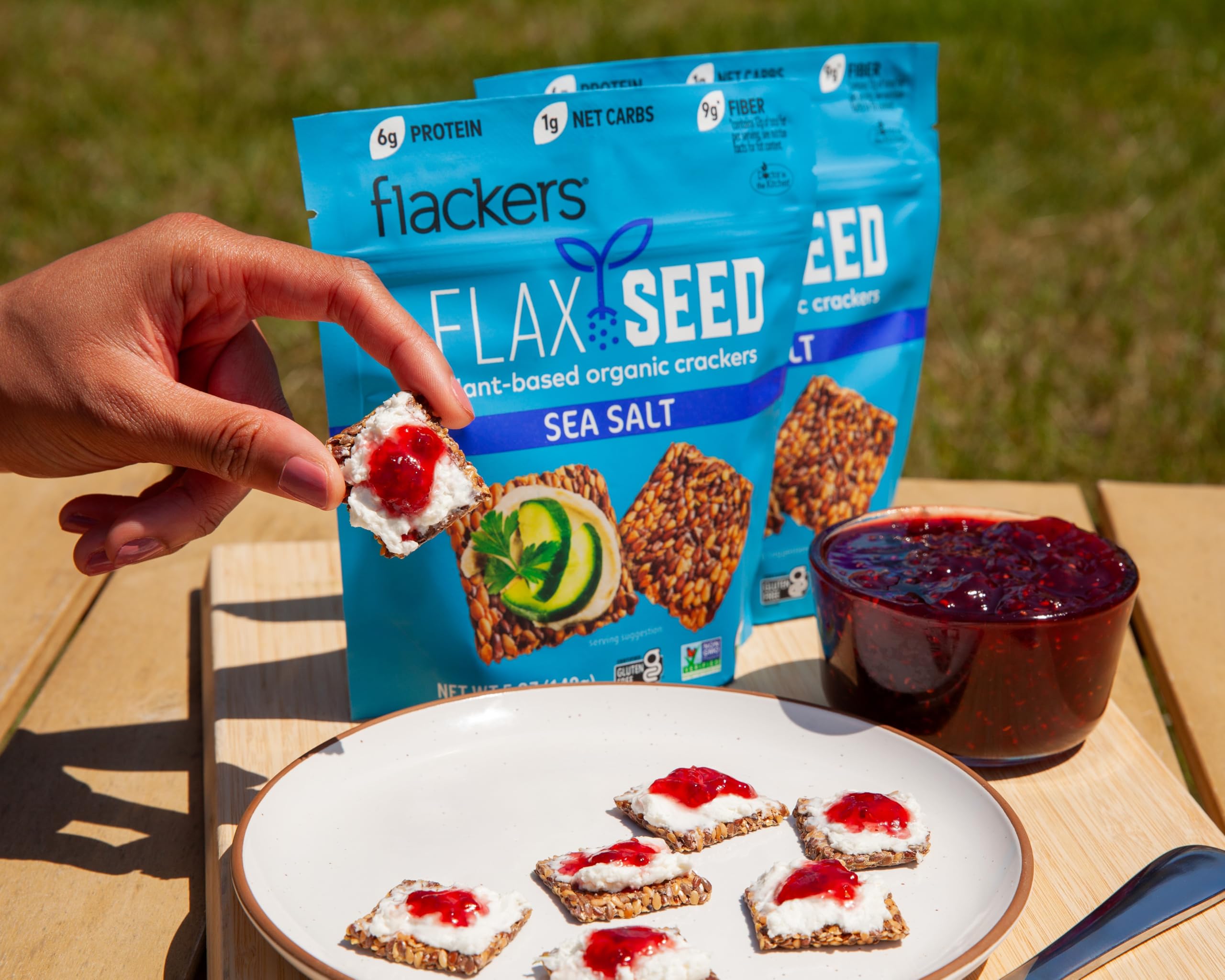 Flackers gluten-free label on packaging signals keto-friendly snack.