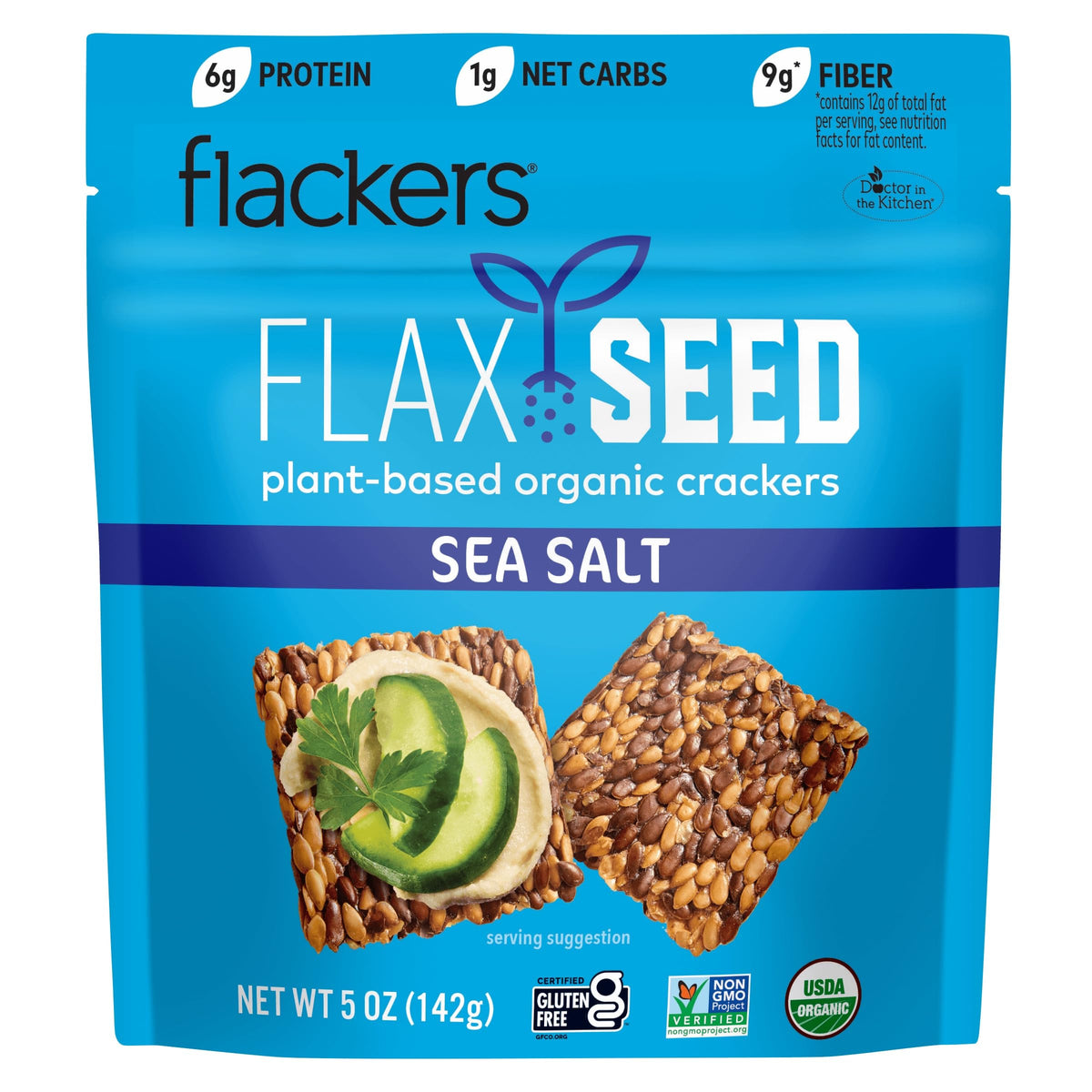 Flackers Organic Sea Salt Crackers pack shows gluten-free, keto-friendly snacking potential.