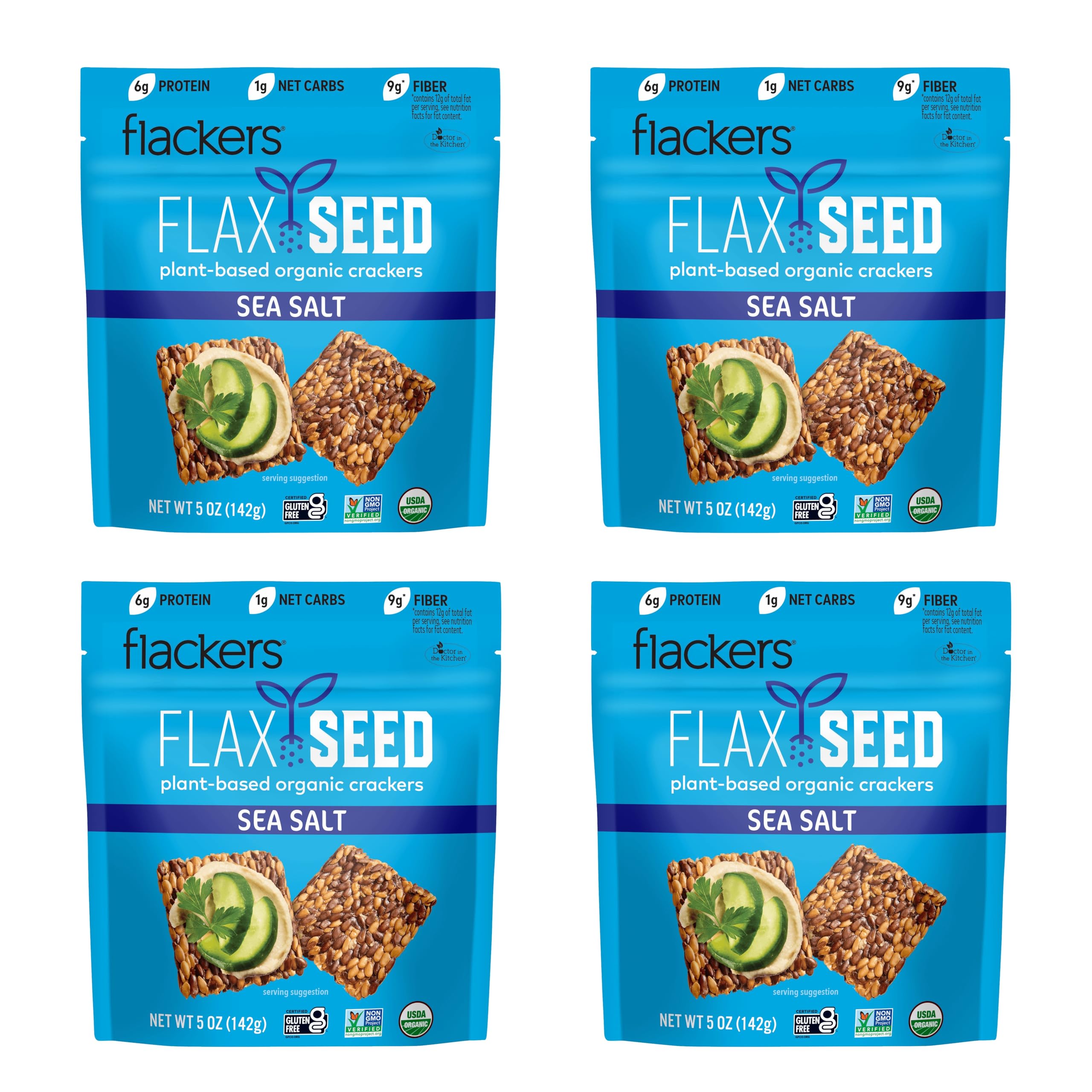 Flackers sea salt crackers pack front, gluten-free keto snack ready for dipping.