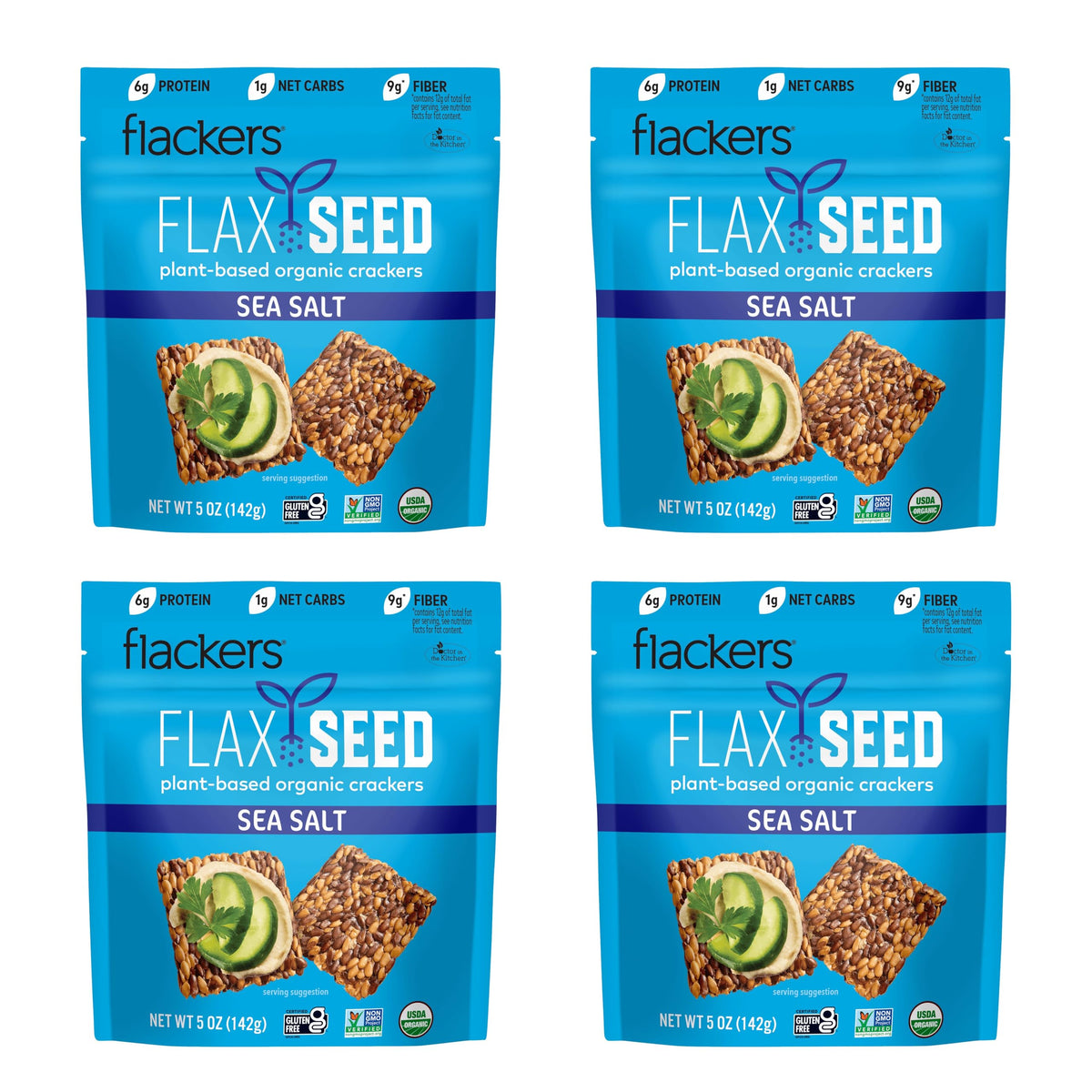 Flackers sea salt crackers pack front, gluten-free keto snack ready for dipping.