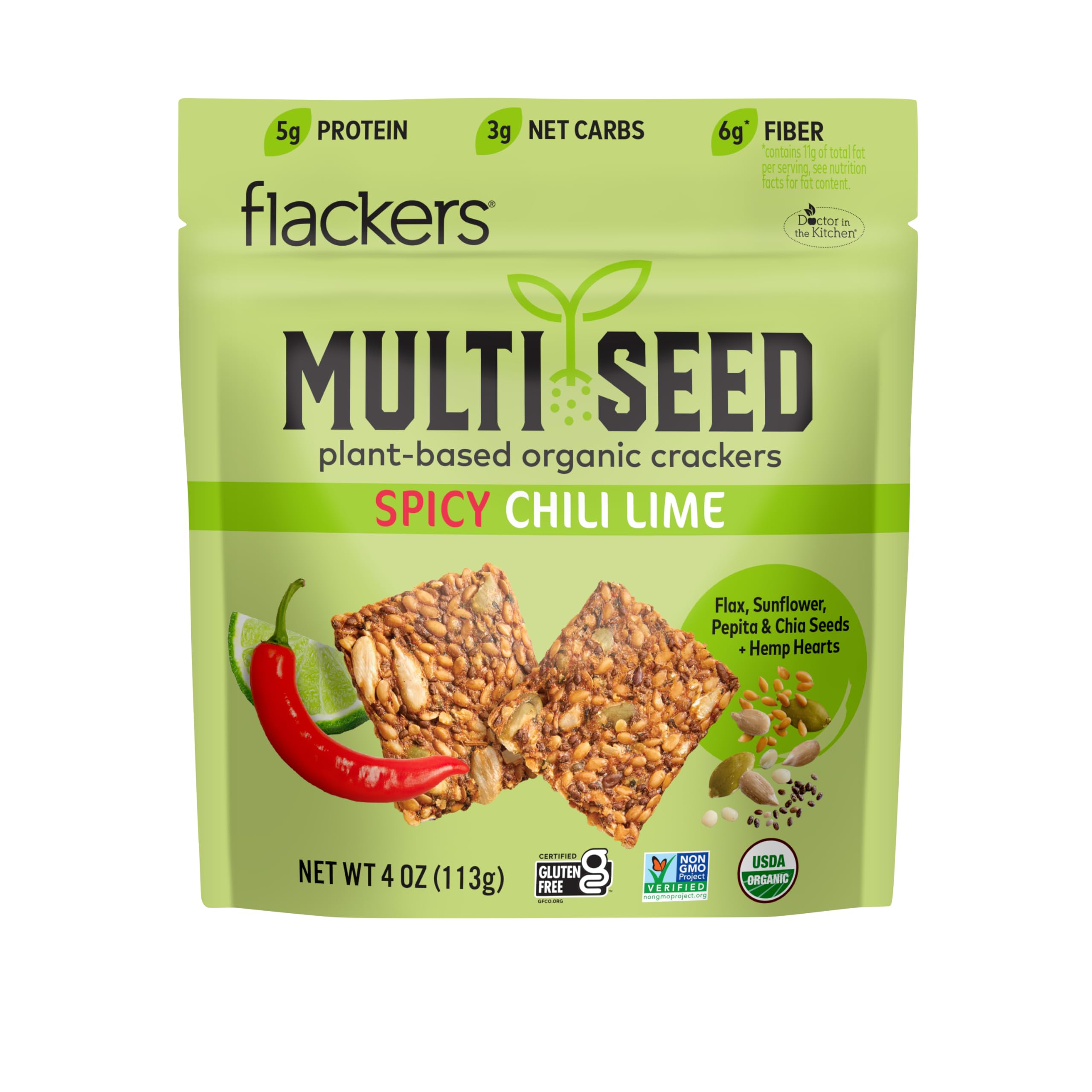 Flackers spicy chili lime crackers on a board, gluten-free and keto-friendly.