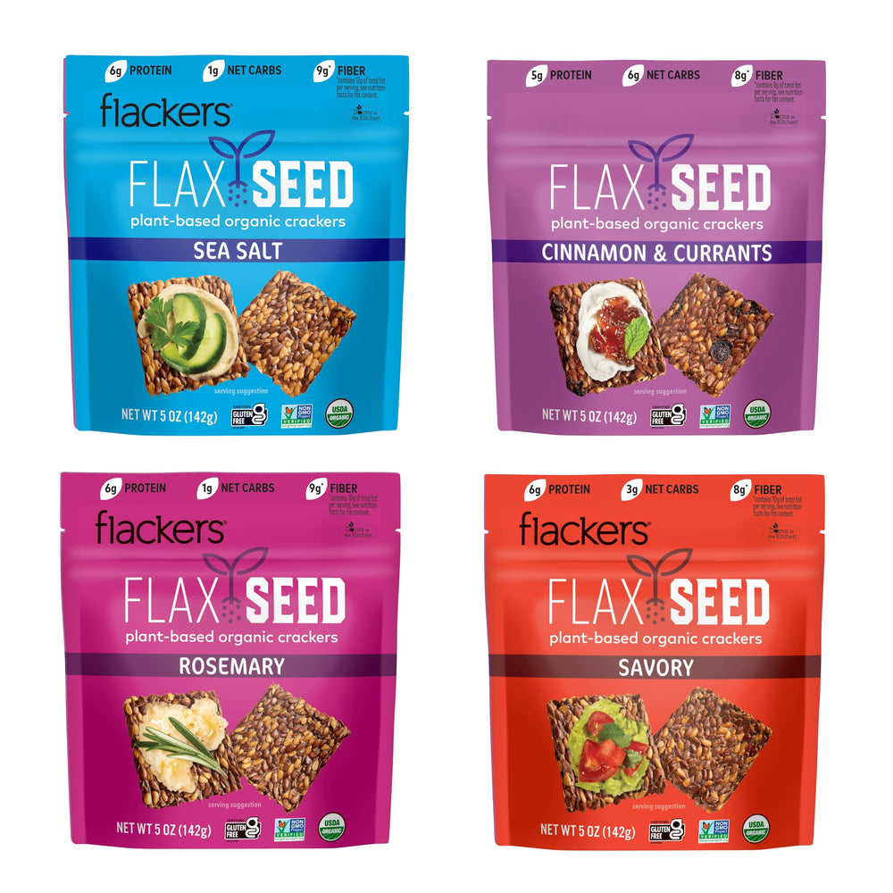 Flackers Sea Salt variety pack close-up, gluten-free crispy crackers for on-the-go.