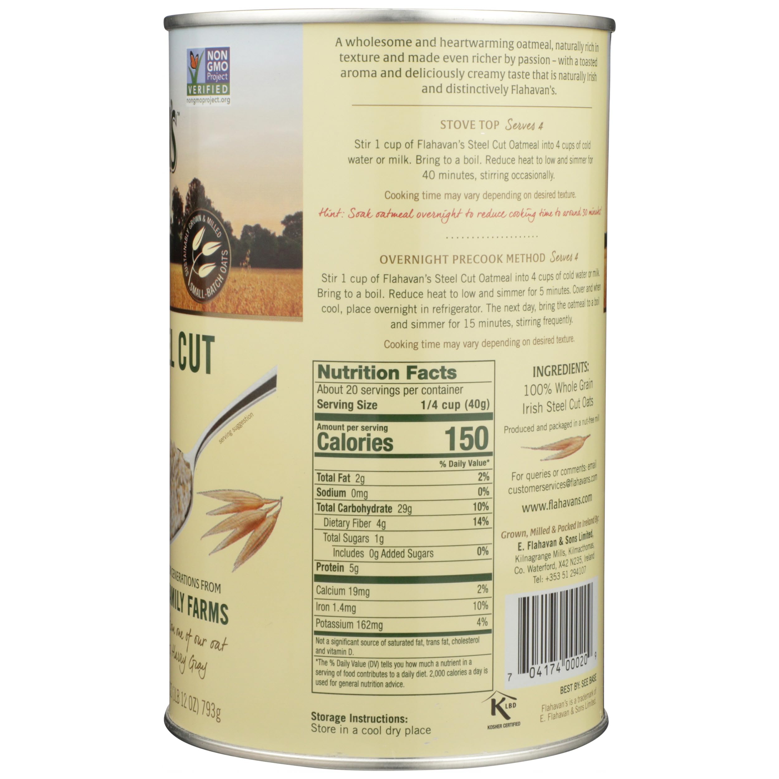 Flahavan's family-farm label on tin signals local craftsmanship.