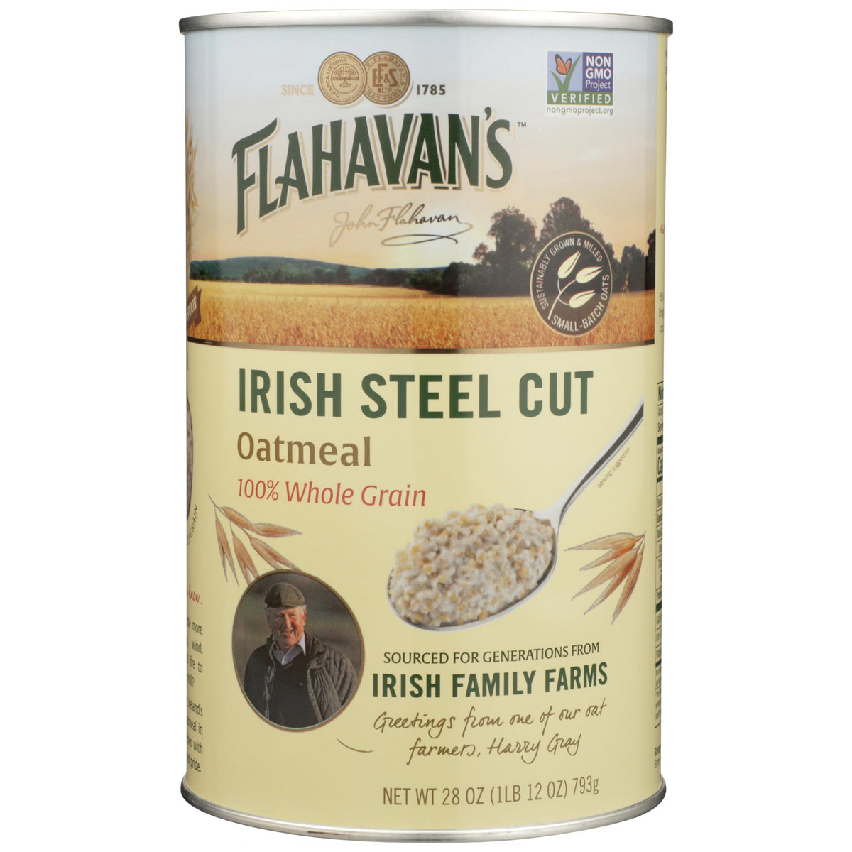 Flahavan's Irish steel-cut oats tin 28oz for quick hearty breakfasts.