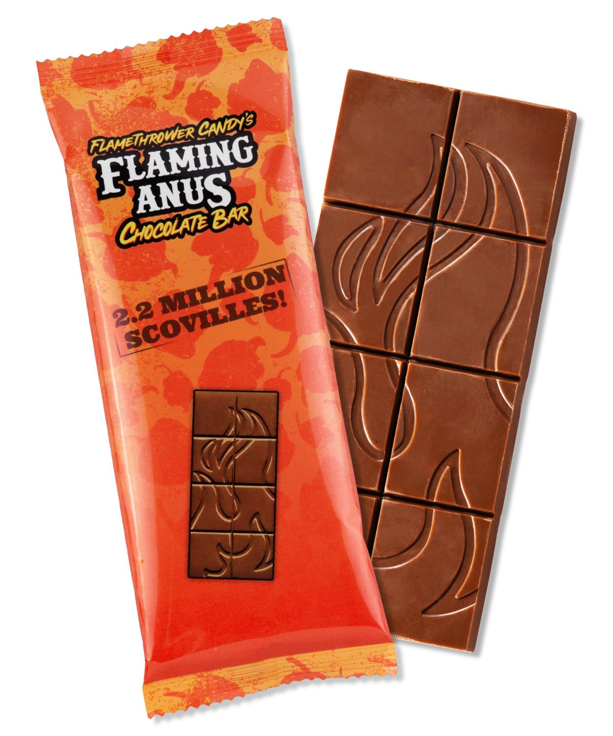 Flamethrower Candy Flaming Chocolate Bar american-made packaging invites gift and display.