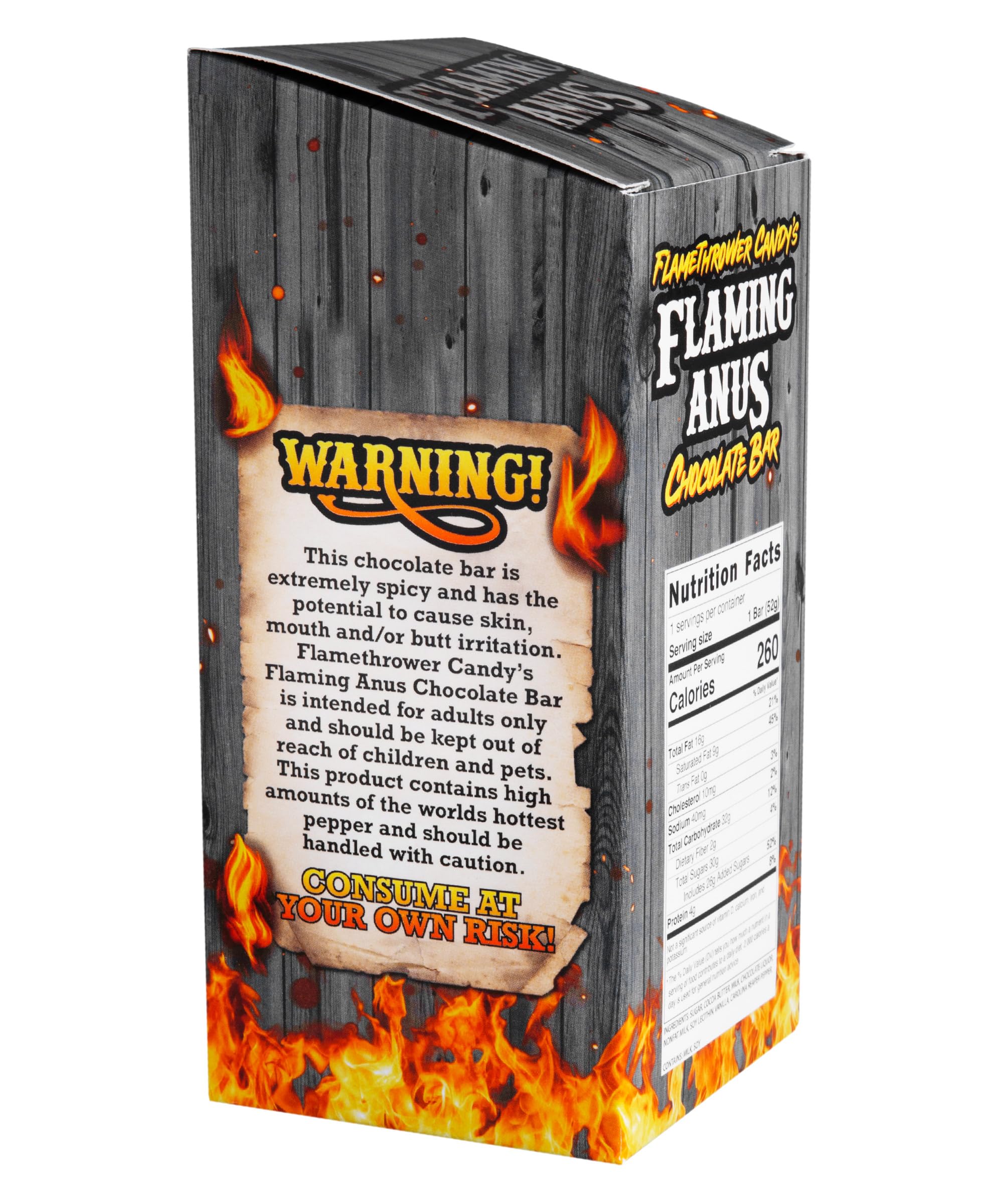 Flamethrower Candy Flaming Chocolate Bar cut reveals creamy interior and texture contrast.
