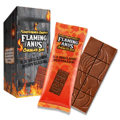 Flamethrower Candy Flaming Chocolate Bar pack shows bold heat with silky milk chocolate.