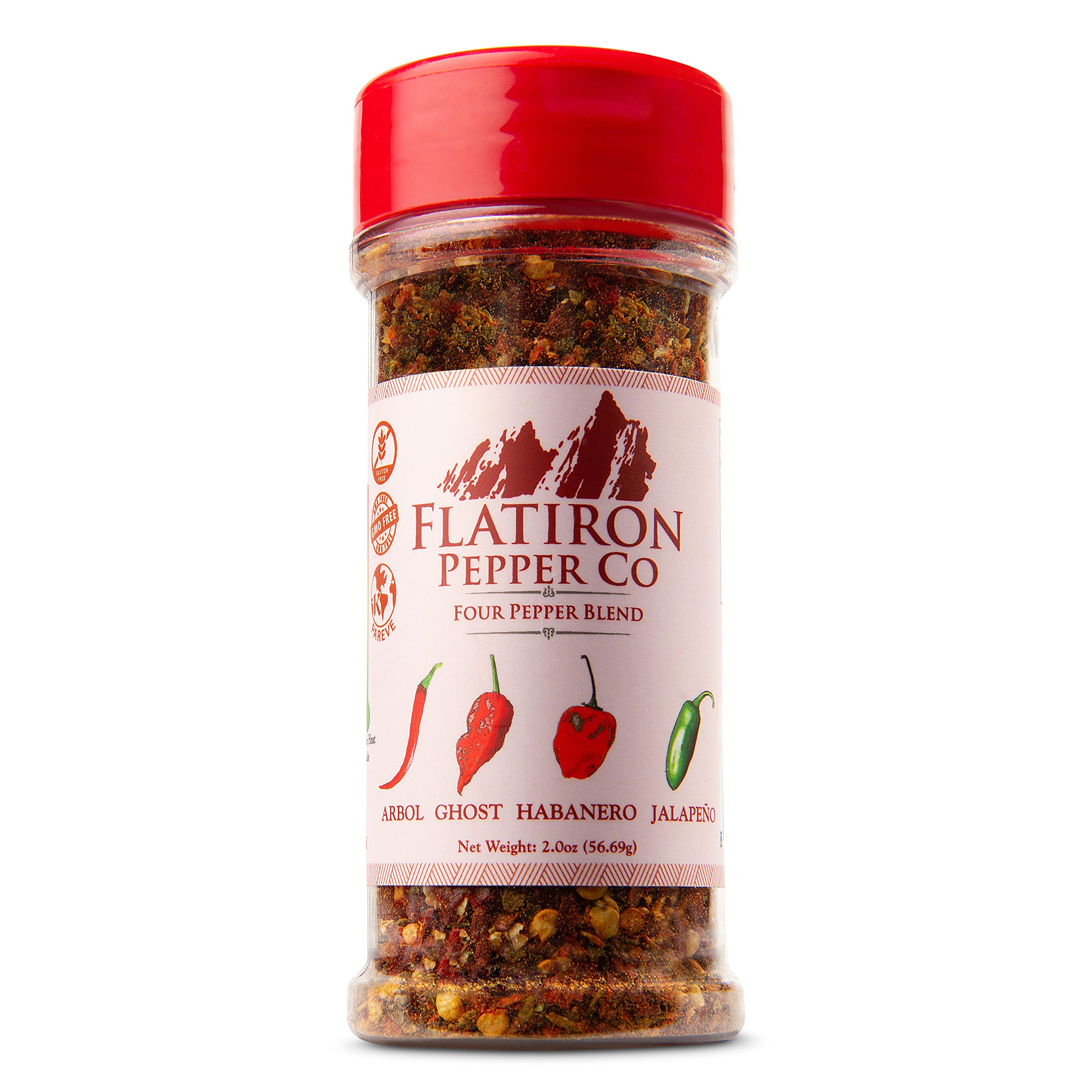 Flatiron Pepper Co Four Pepper Blend bottle close-up showing bold heat and flavor
