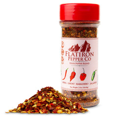 Flatiron Pepper Co four pepper flakes being poured for versatile seasoning