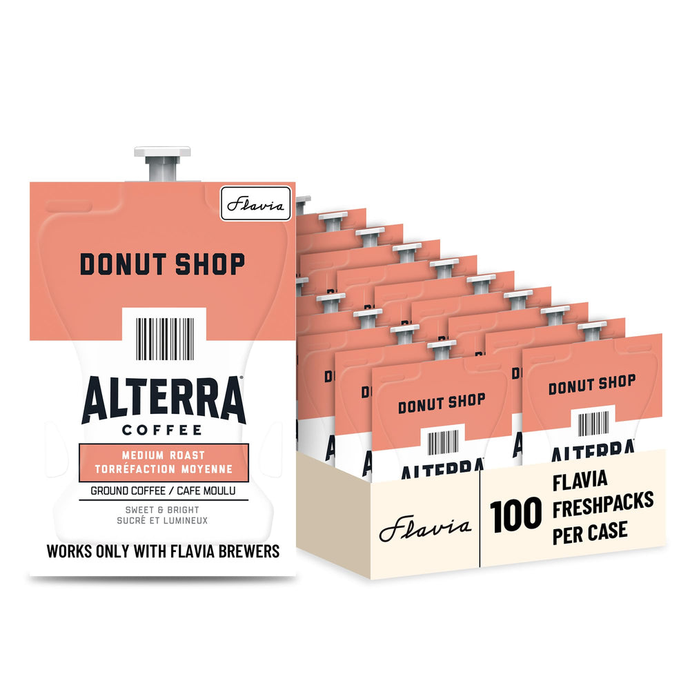 Flavia Alterra Donut Shop Freshpack box ready for quick drip coffee.